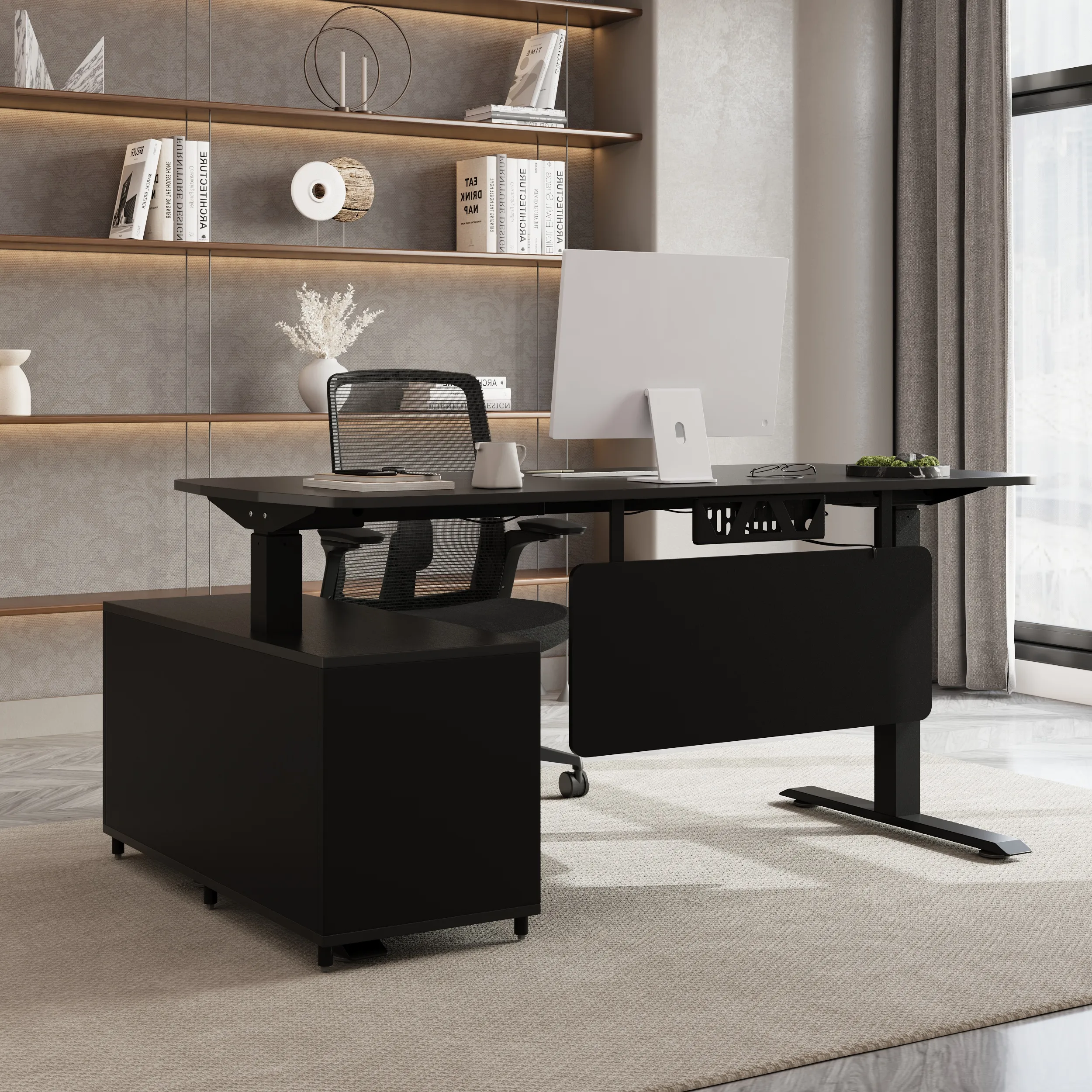 L-Shaped Standing Desk with Office Chair - Black