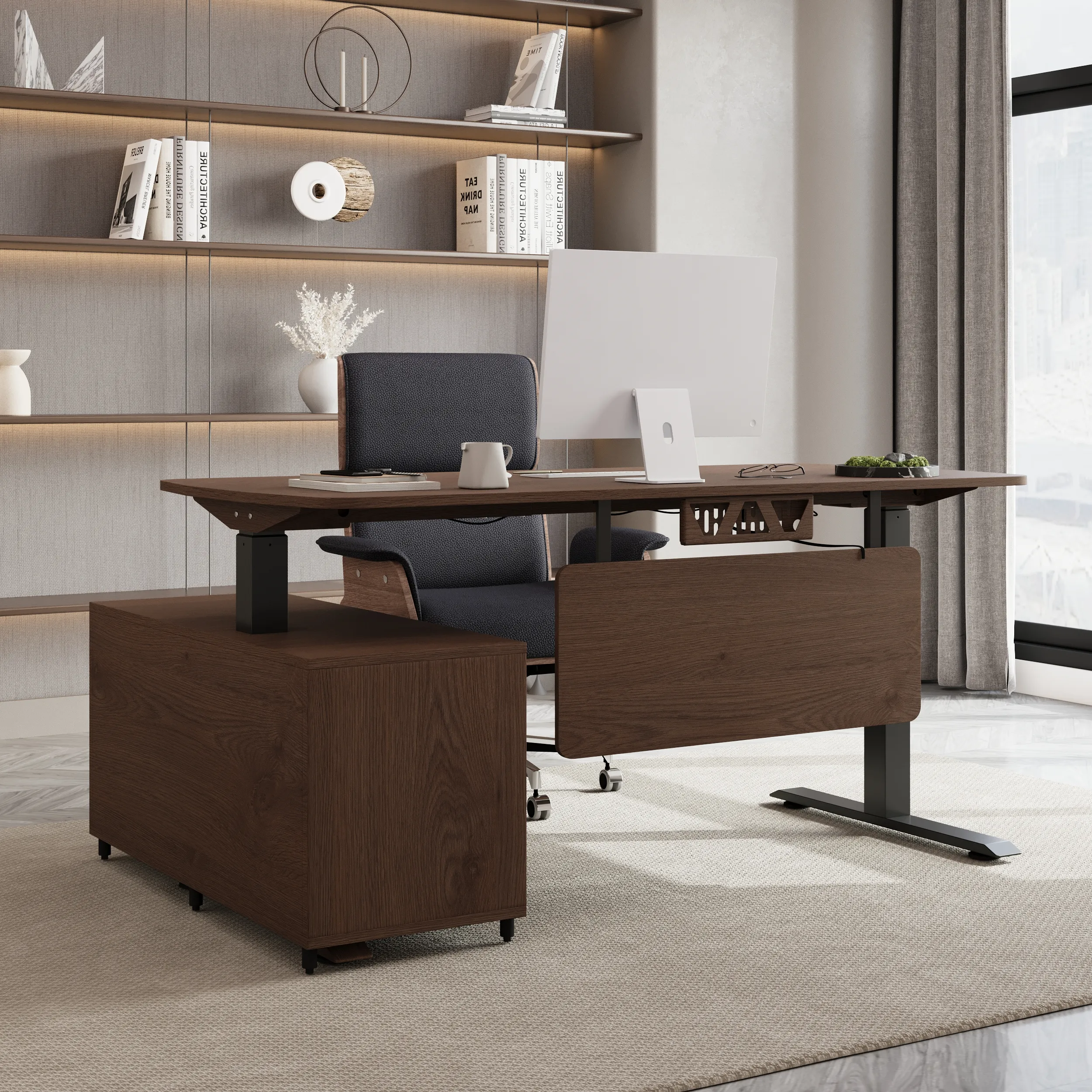 L-Shaped Standing Desk with Office Chair - Walnut, Faux Leather