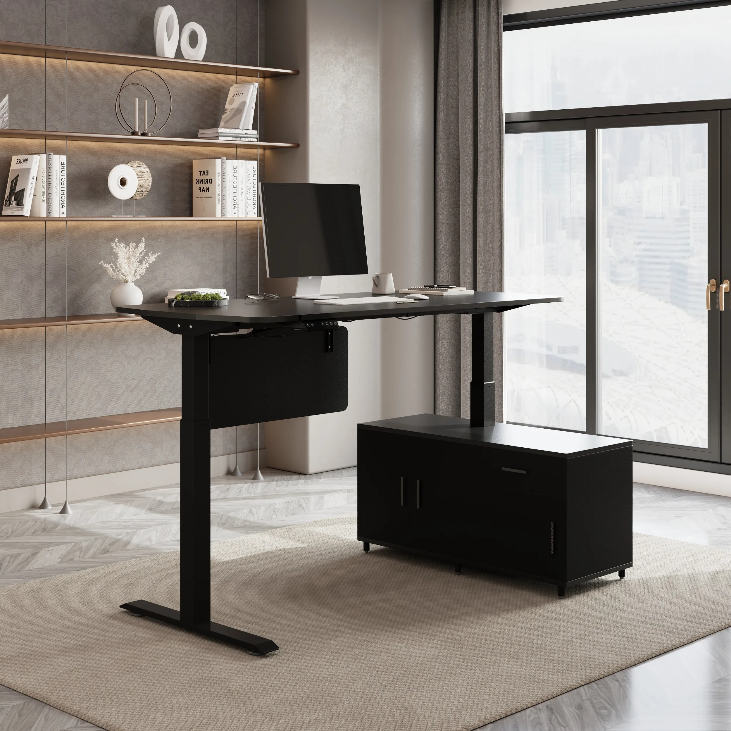 L-Shaped Standing Desk with Storage - Black, MDF