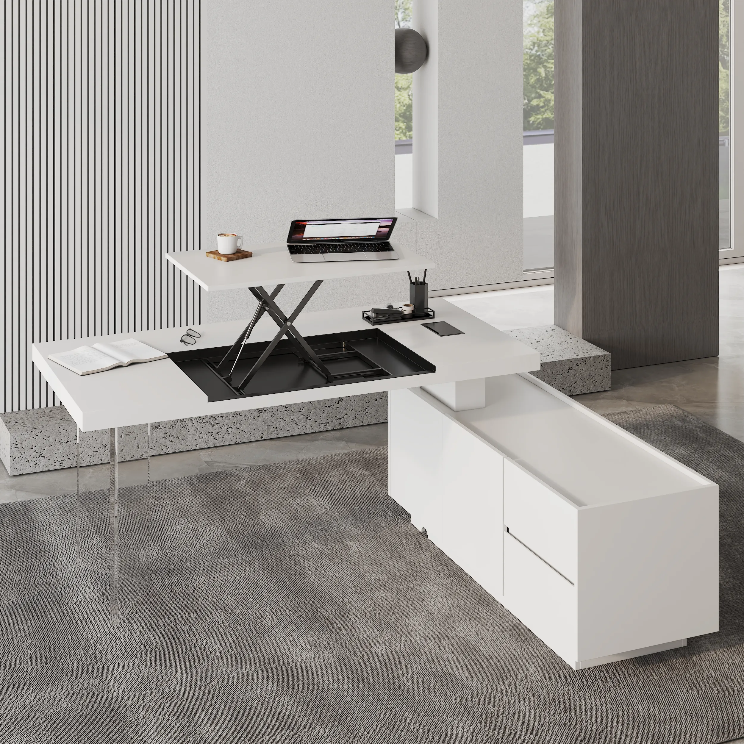 L-Shaped Standing Desk with Storage - MDF