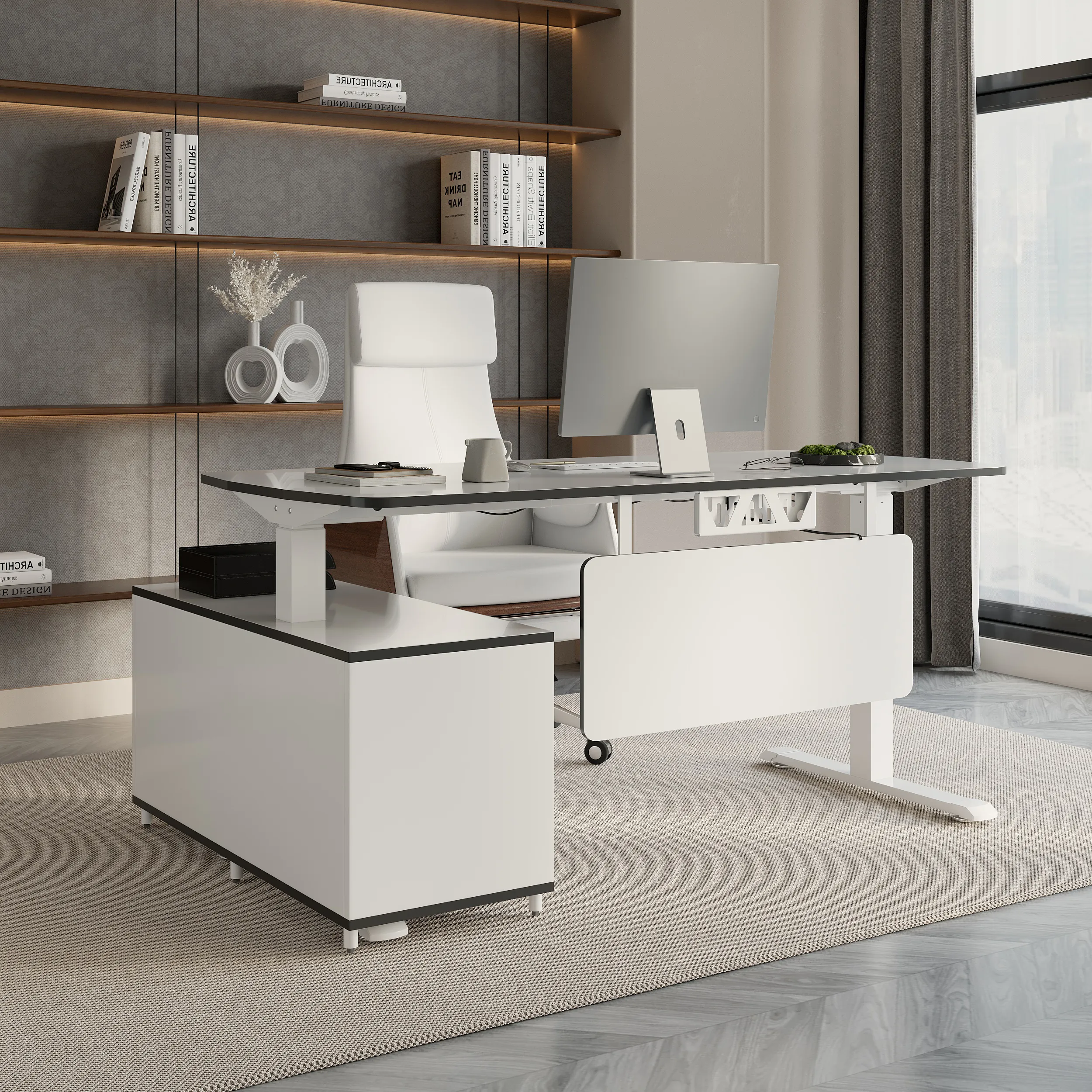 L-Shaped Standing Desk with Storage - White, MDF