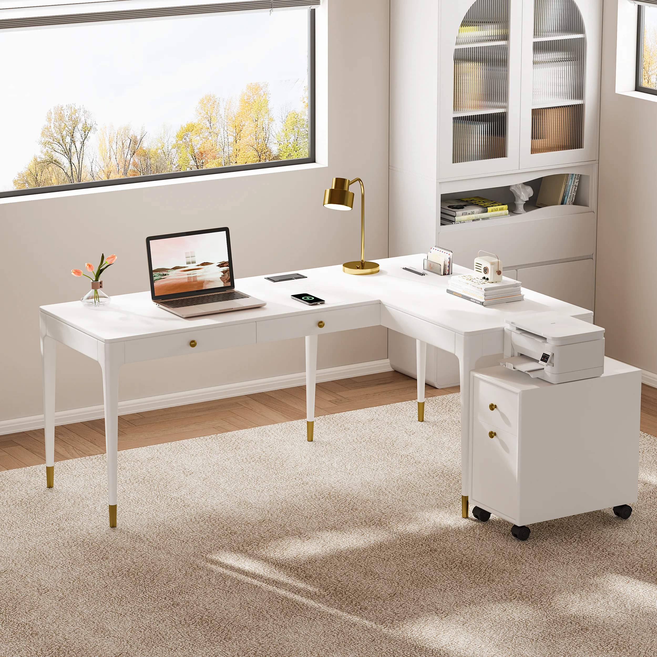 L-Shaped Standing Desk with Storage - White