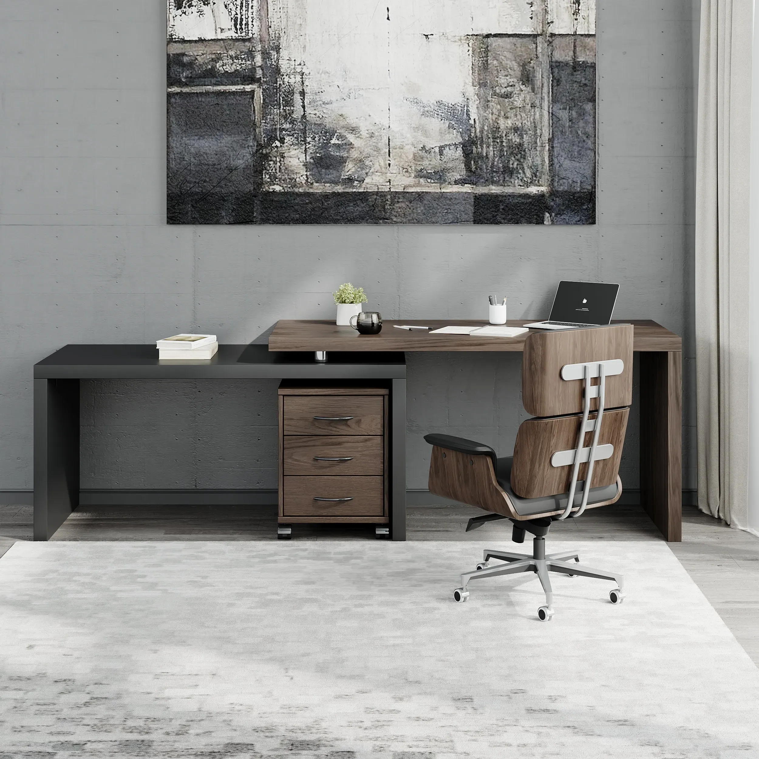 L-Shaped Swivel Desk & Chair Set with Storage - Black, Walnut image