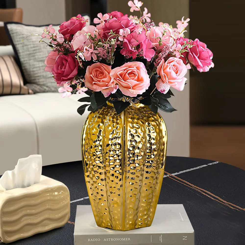 Large Abstract Ceramic Flower Vase - Gold image