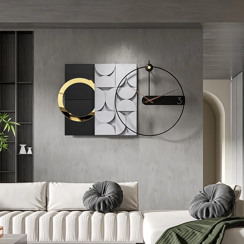 Large Geometric Wall Clock with Wood Pointer - Black, Metal