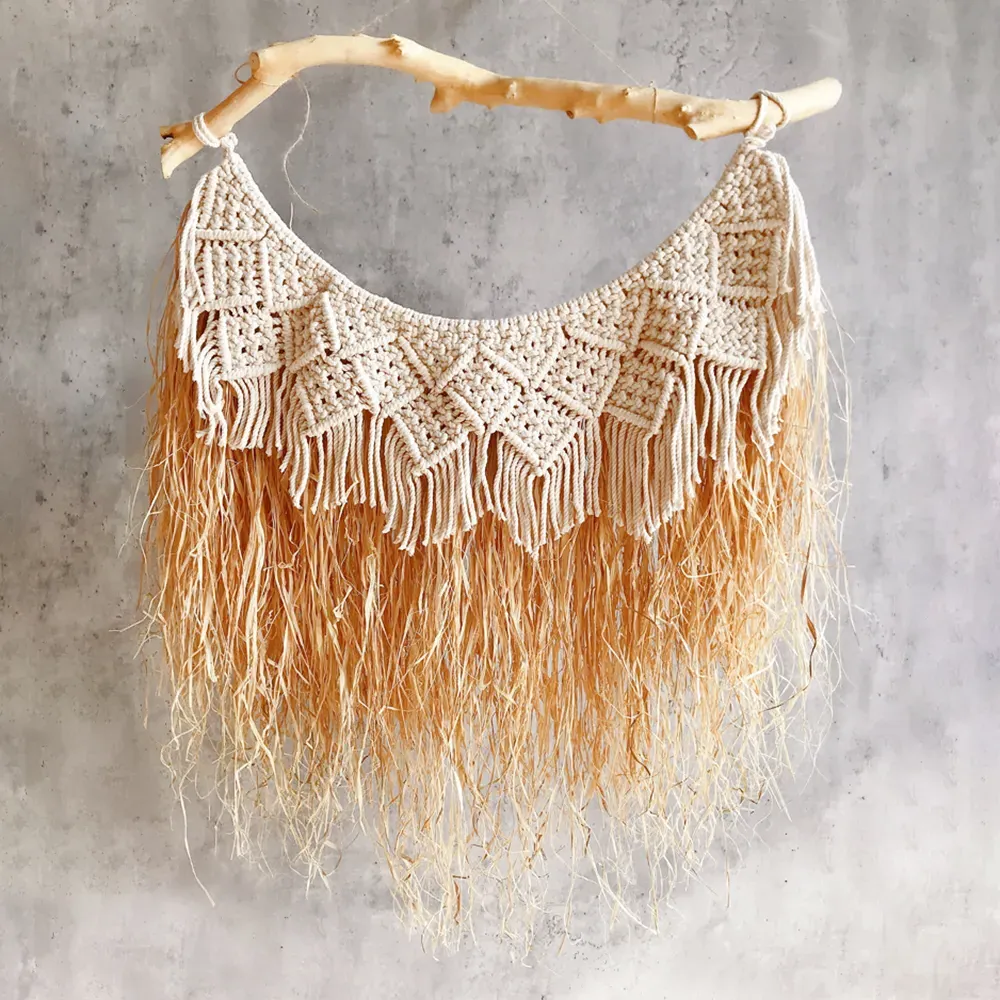 Large Handmade Boho Woven Raffia Wood Tapestry Wall Hanging - Natural image