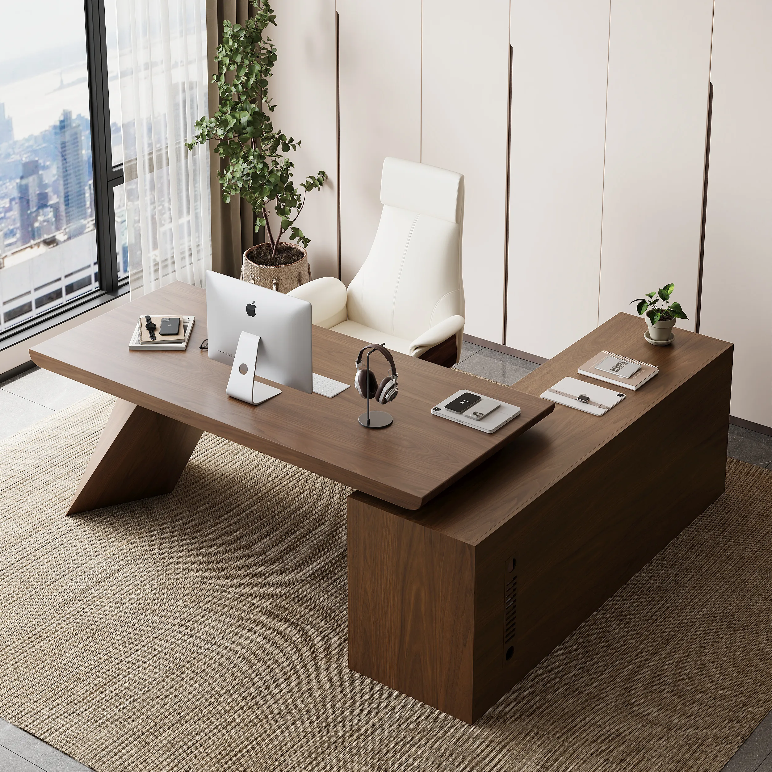 Large L-Shape Executive Desk with Drawers & Cabinet - Walnut image