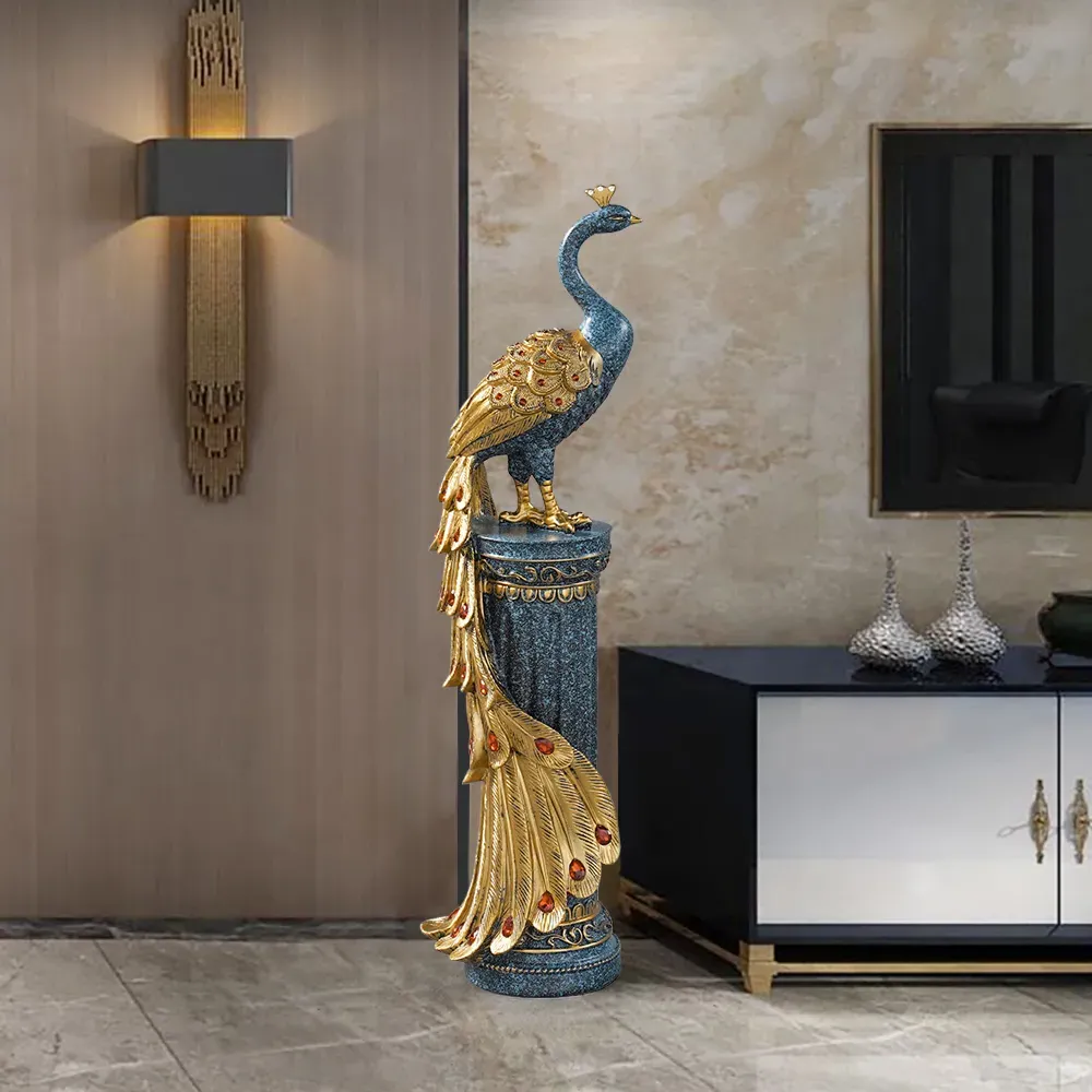 Large Peacock Floor Sculpture with Diamond Decoration - Blue, Gold image