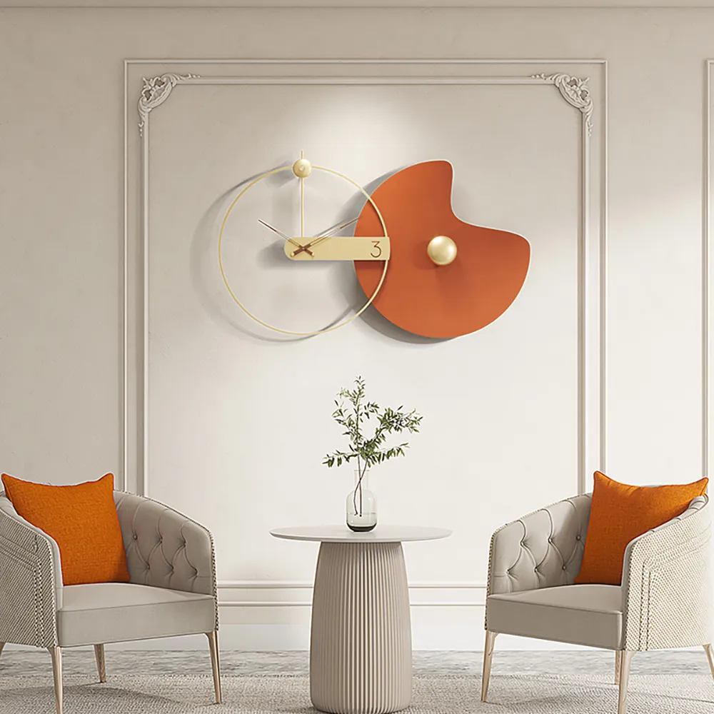 Large Round Wall Clock - Orange & Gold, Metal