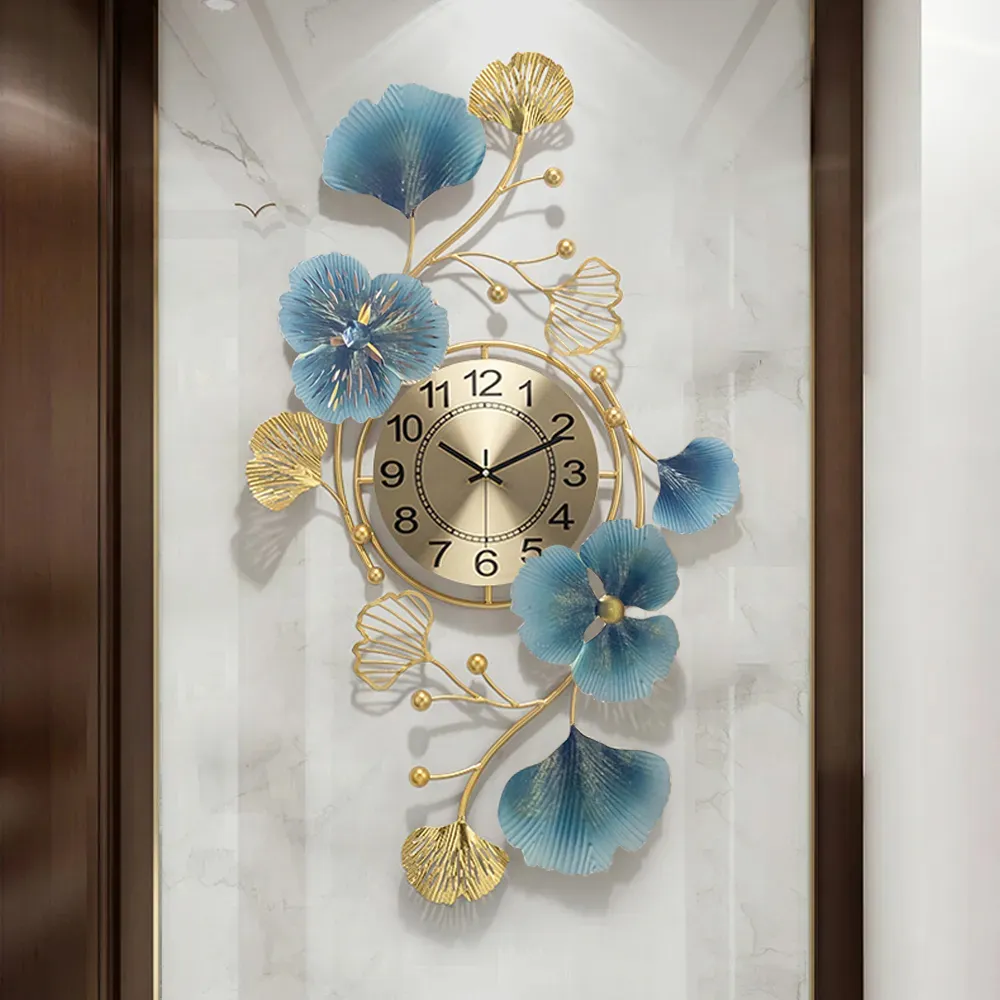 Large Wall Clock 3D Ginkgo Leaves - Blue, Metal image