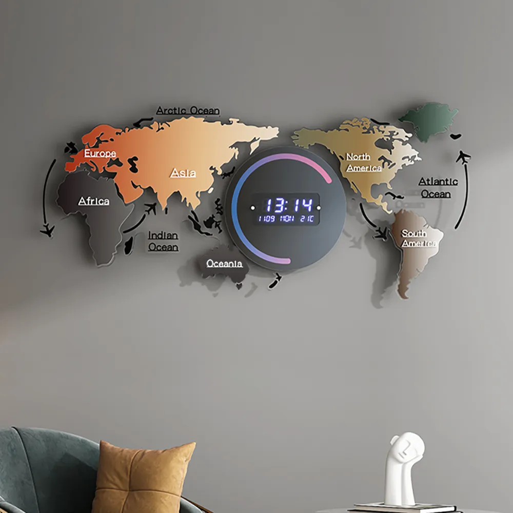 Large World Map Wall Clock with LED Display - Acrylic