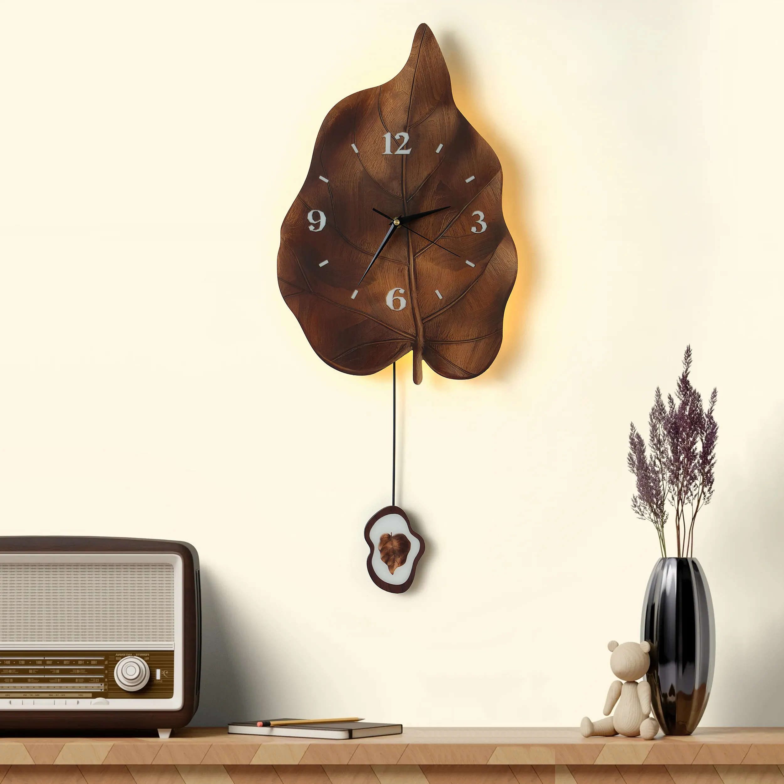 Leaf-Shaped Wall Clock with USB Light & Pendulum - Wood image