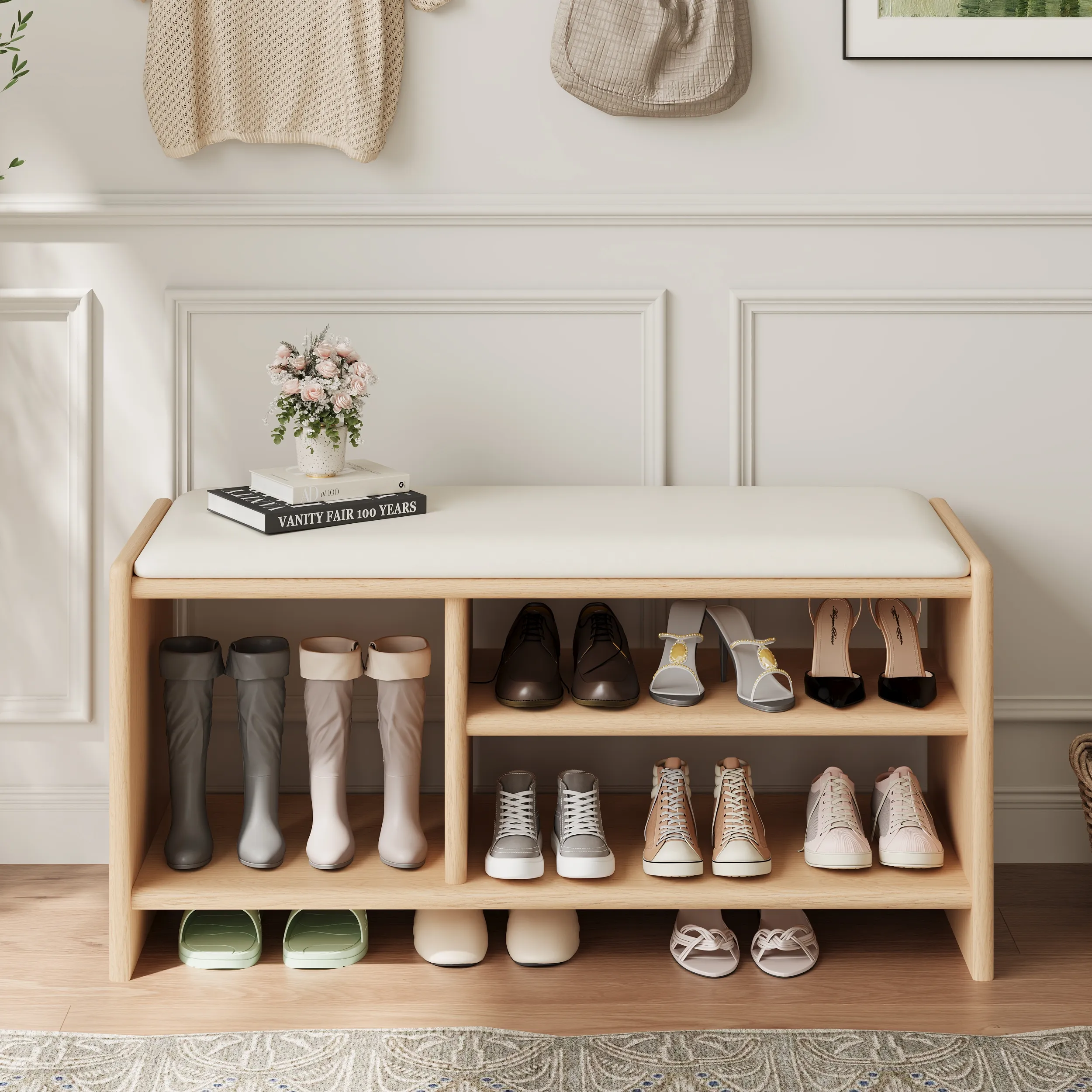 Leather Upholstered Entryway Bench with Storage - White, Rubberwood image