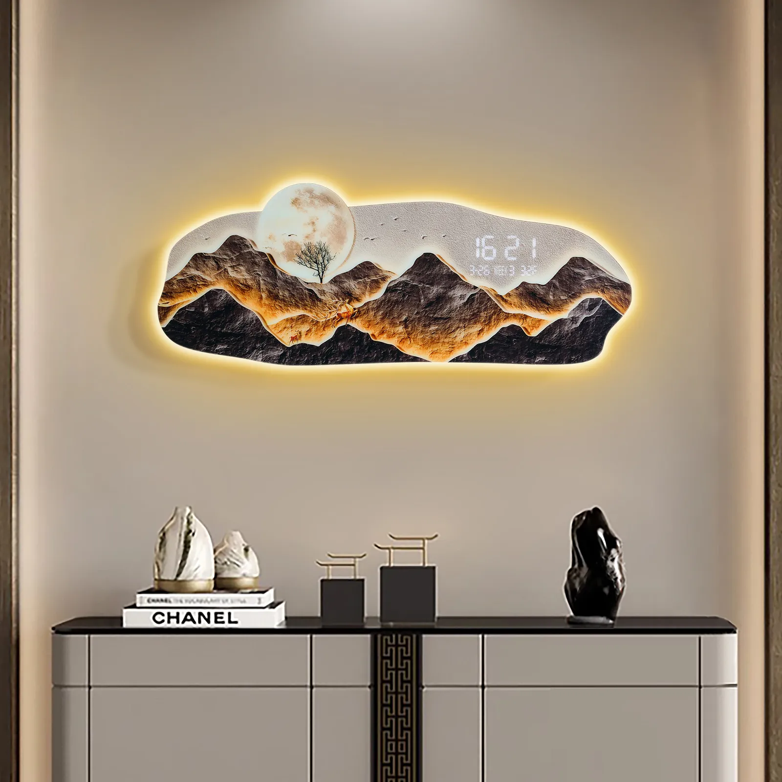 LED Digital Wall Clock with Mountains and Moon - Acrylic image