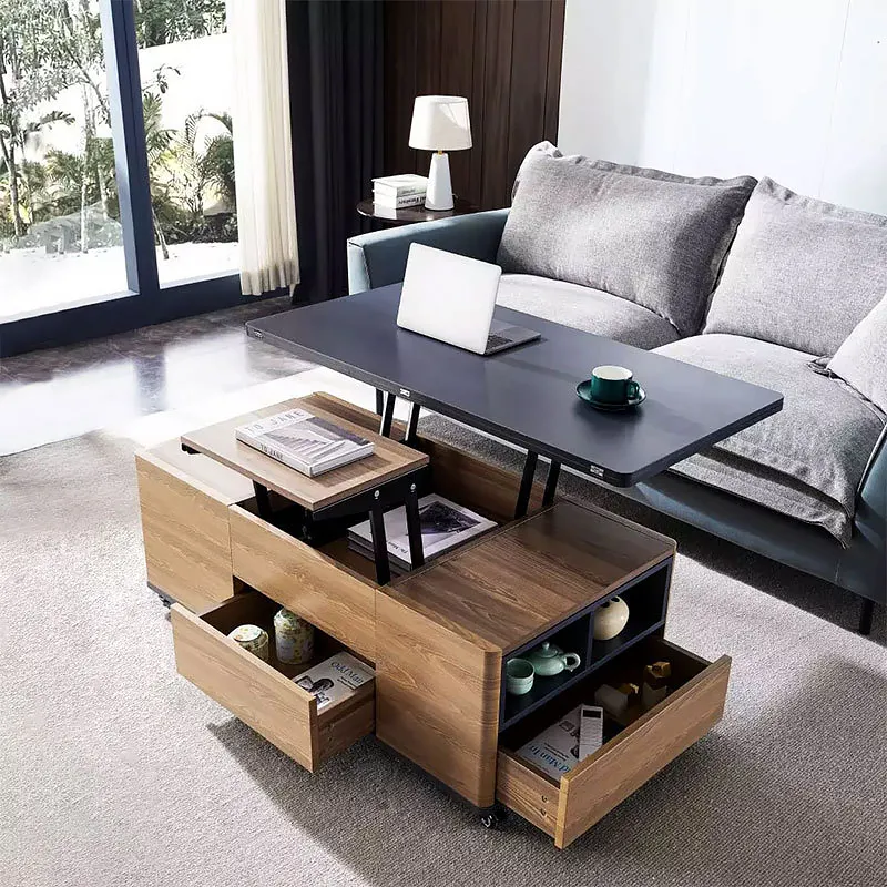 Lift-Top Coffee Table with 3 Drawers - Walnut, Black