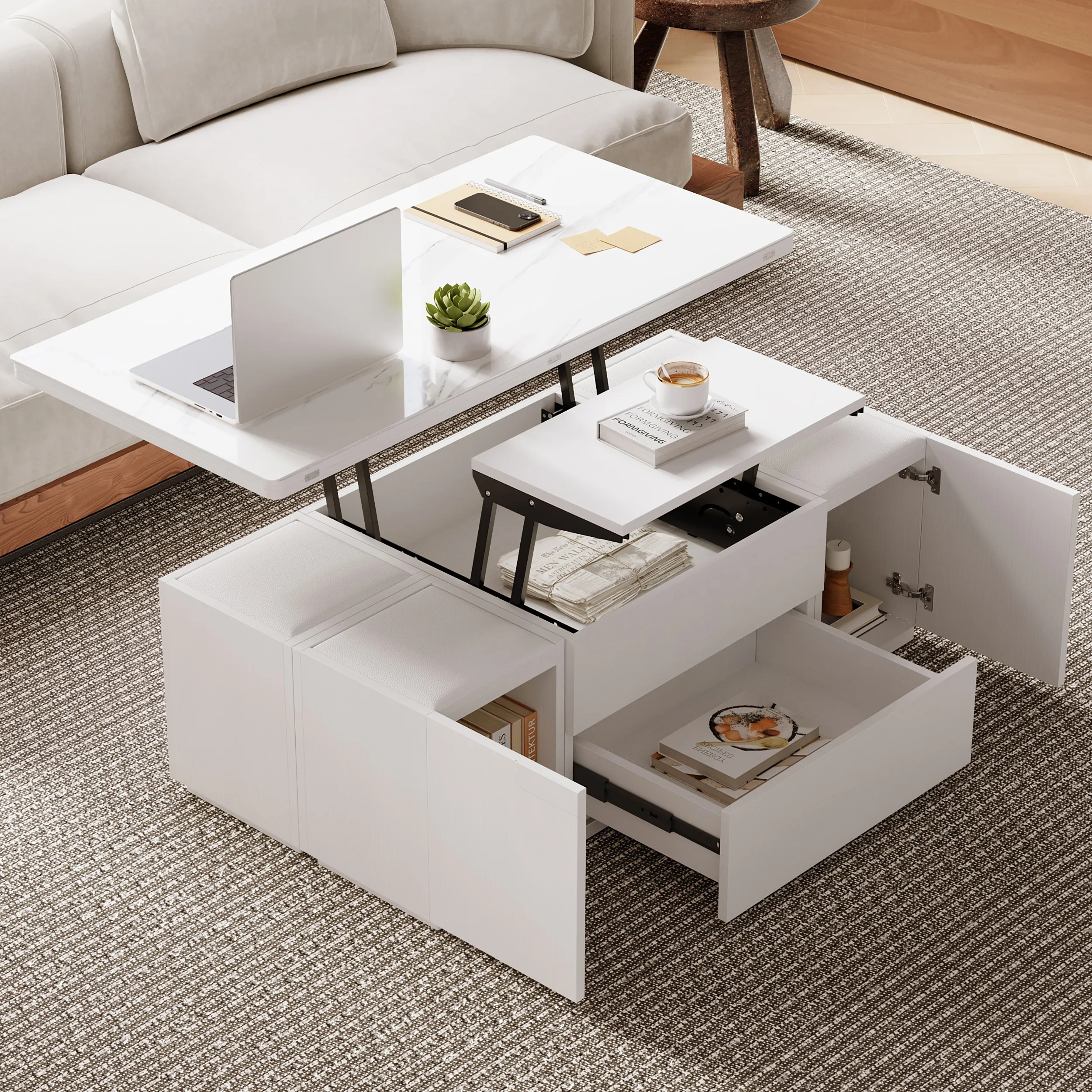 Lift Top Coffee Table with Storage - Black & White, Marble