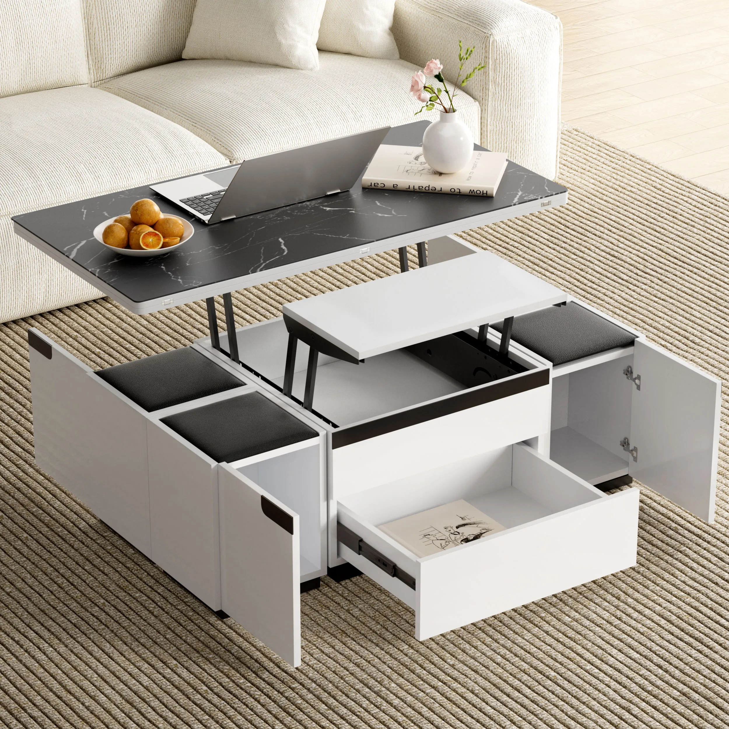 Lift Top Coffee Table with Storage - Black & White, Stone