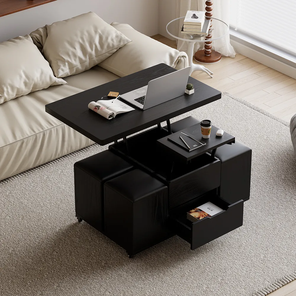 Lift Top Coffee Table with Storage Ottoman - Black