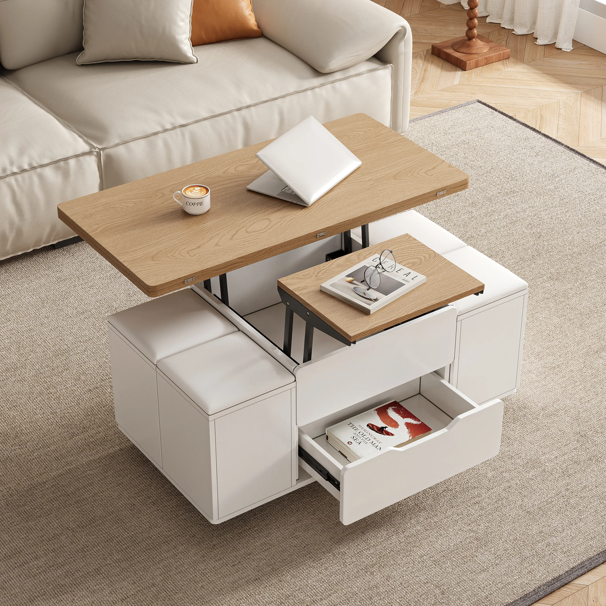 Lift Top Coffee Table with Storage Ottoman - Natural