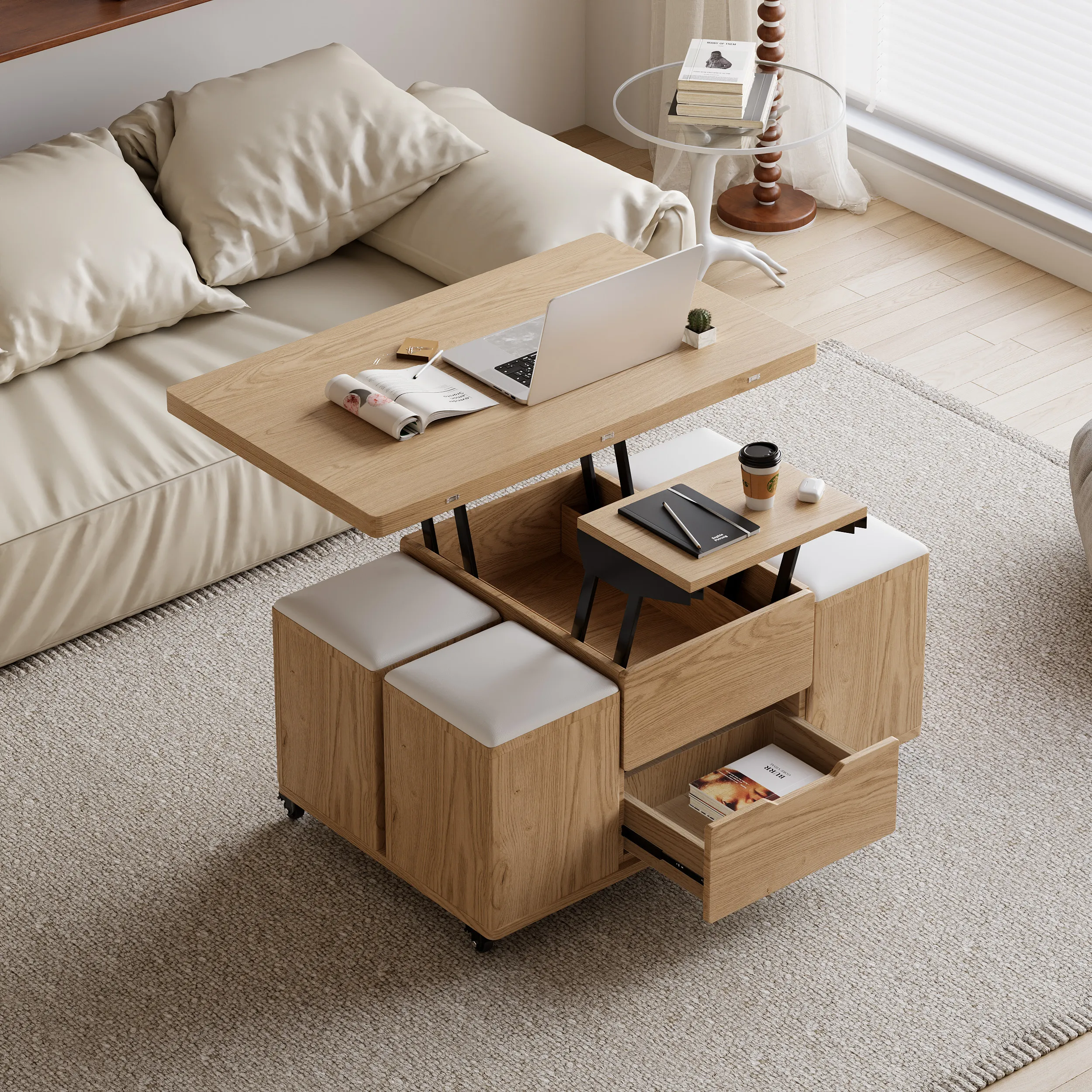 Lift Top Coffee Table with Storage Ottoman - Natural image