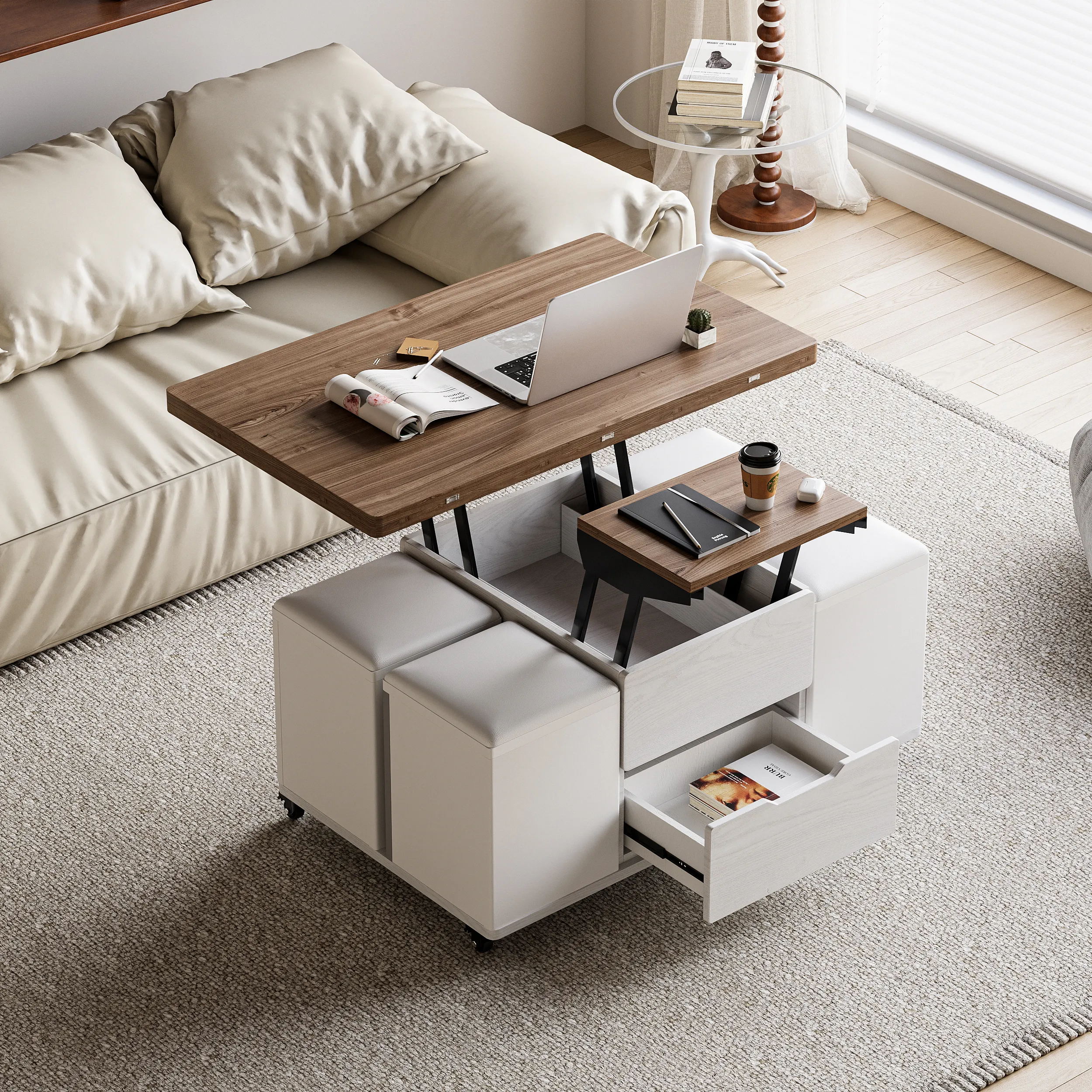 Lift Top Coffee Table with Storage Ottoman - Walnut, White