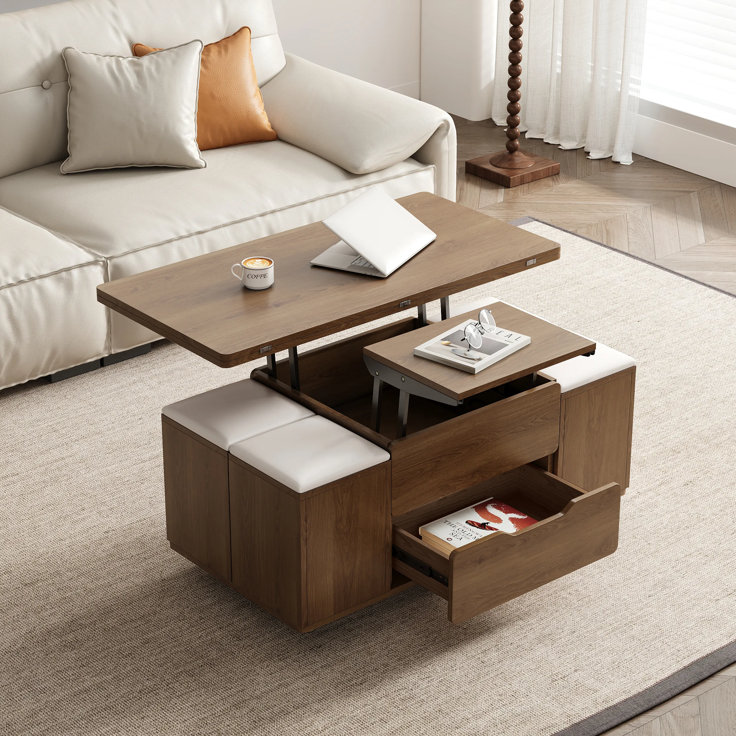 Lift Top Coffee Table with Storage Ottoman - Walnut