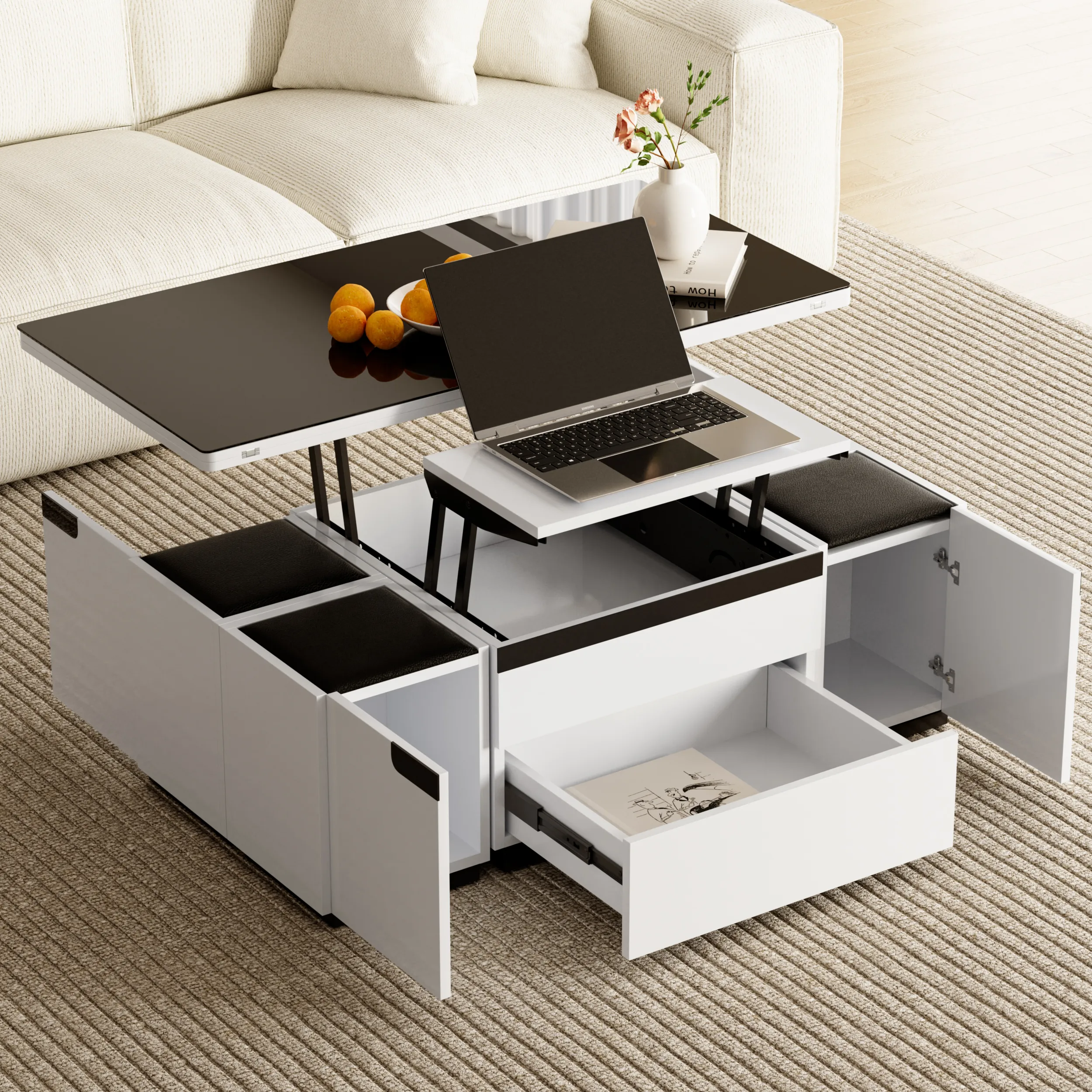 Lift Top Coffee Table with Storage - White, Glass