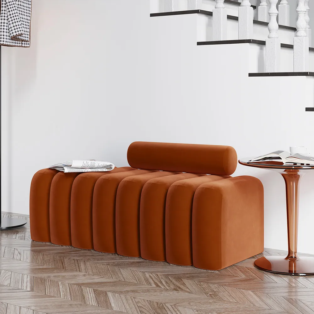 Line Tufted Bench with Round Back - Orange image