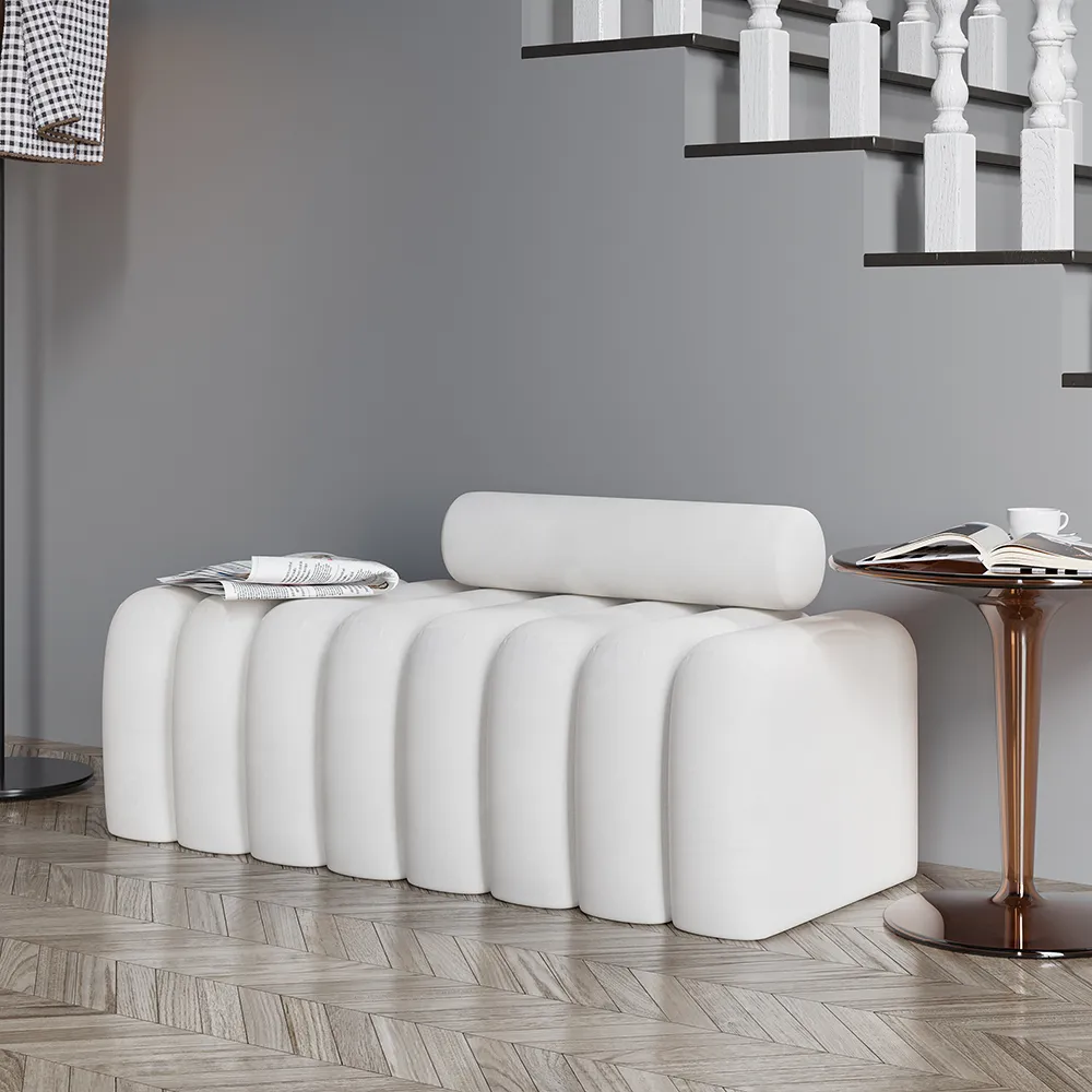 Line Tufted Bench with Round Back - White