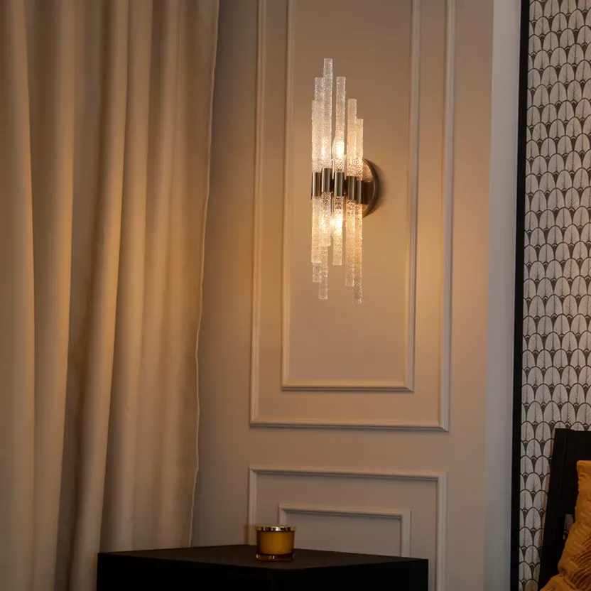Linear Tube Wall Sconce with Water Ripple Glass Shade - Gold image