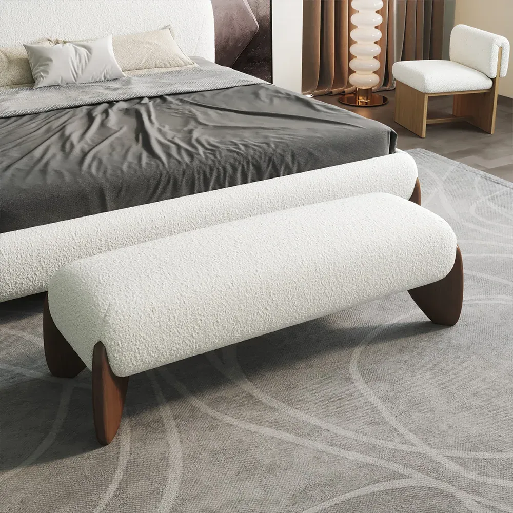 Long Bedroom Bench - White, Boucle