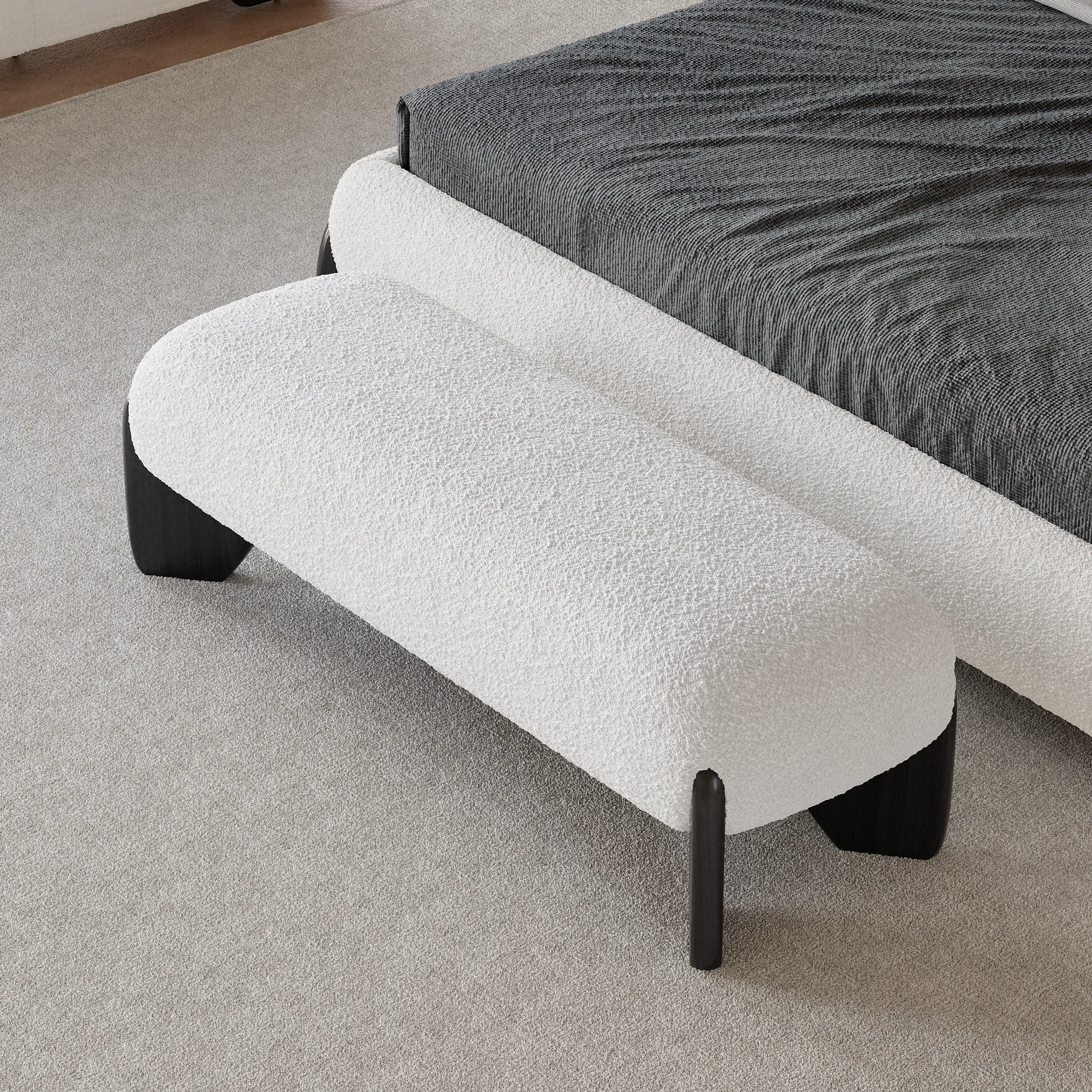 Long Bedroom Bench - White, Boucle