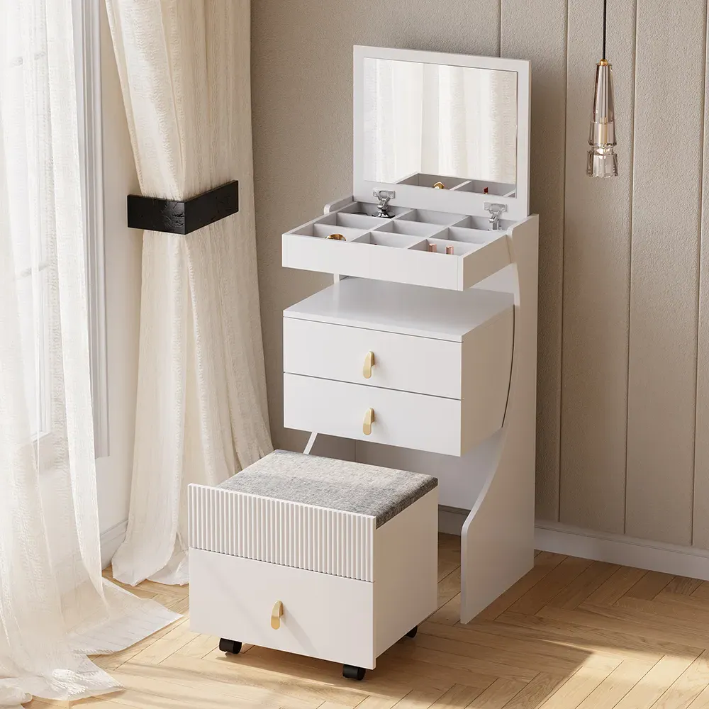 Makeup Vanity Set with Flip Top Mirror - White image