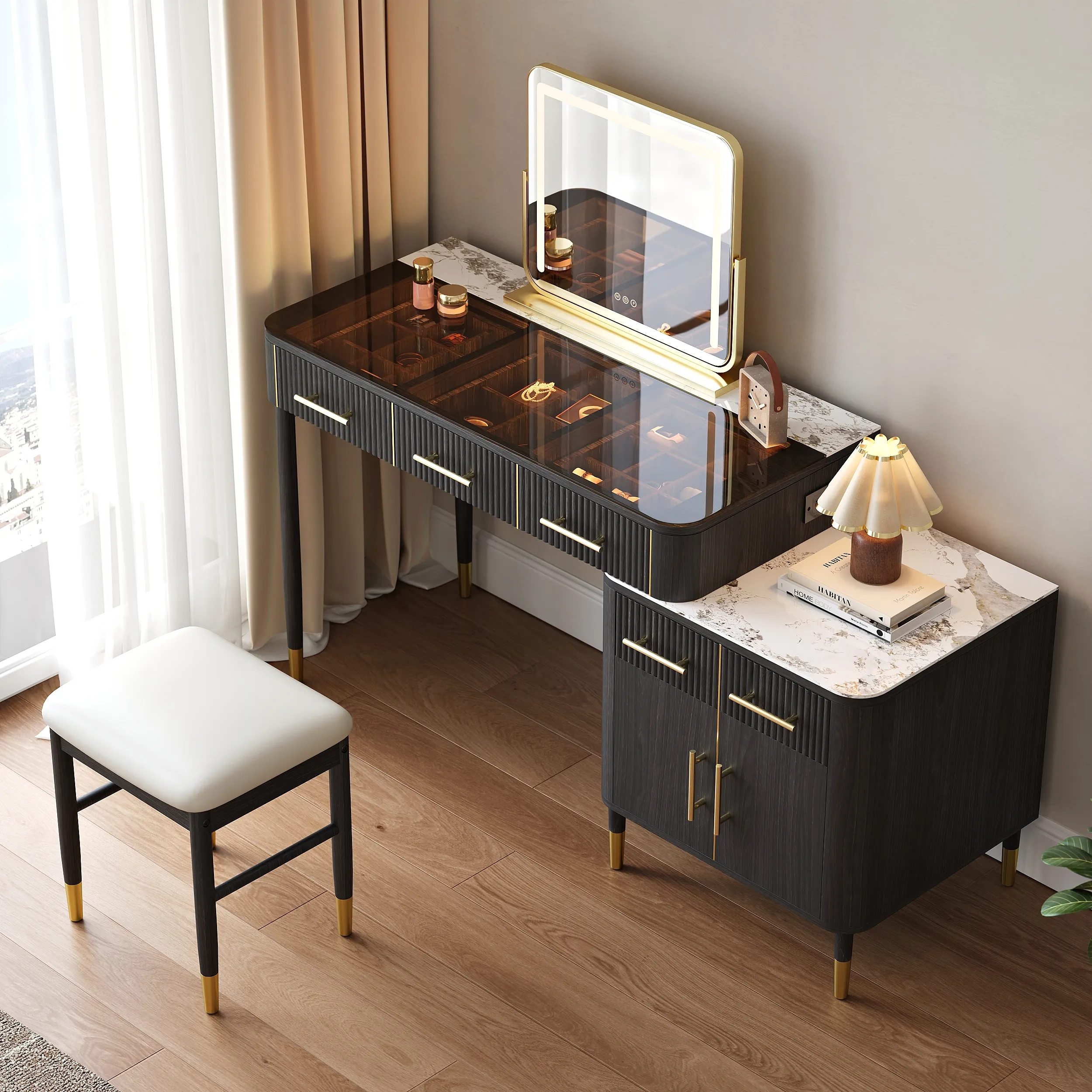 Makeup Vanity Set with Lighted Mirror & Stool - Black image