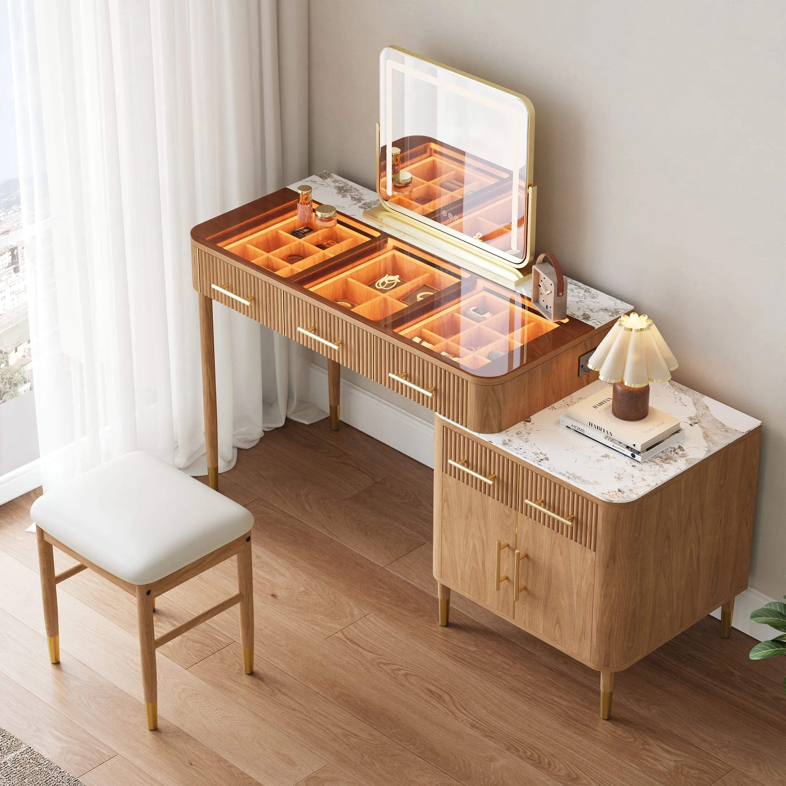 Makeup Vanity Set with Lighted Mirror & Stool - Natural