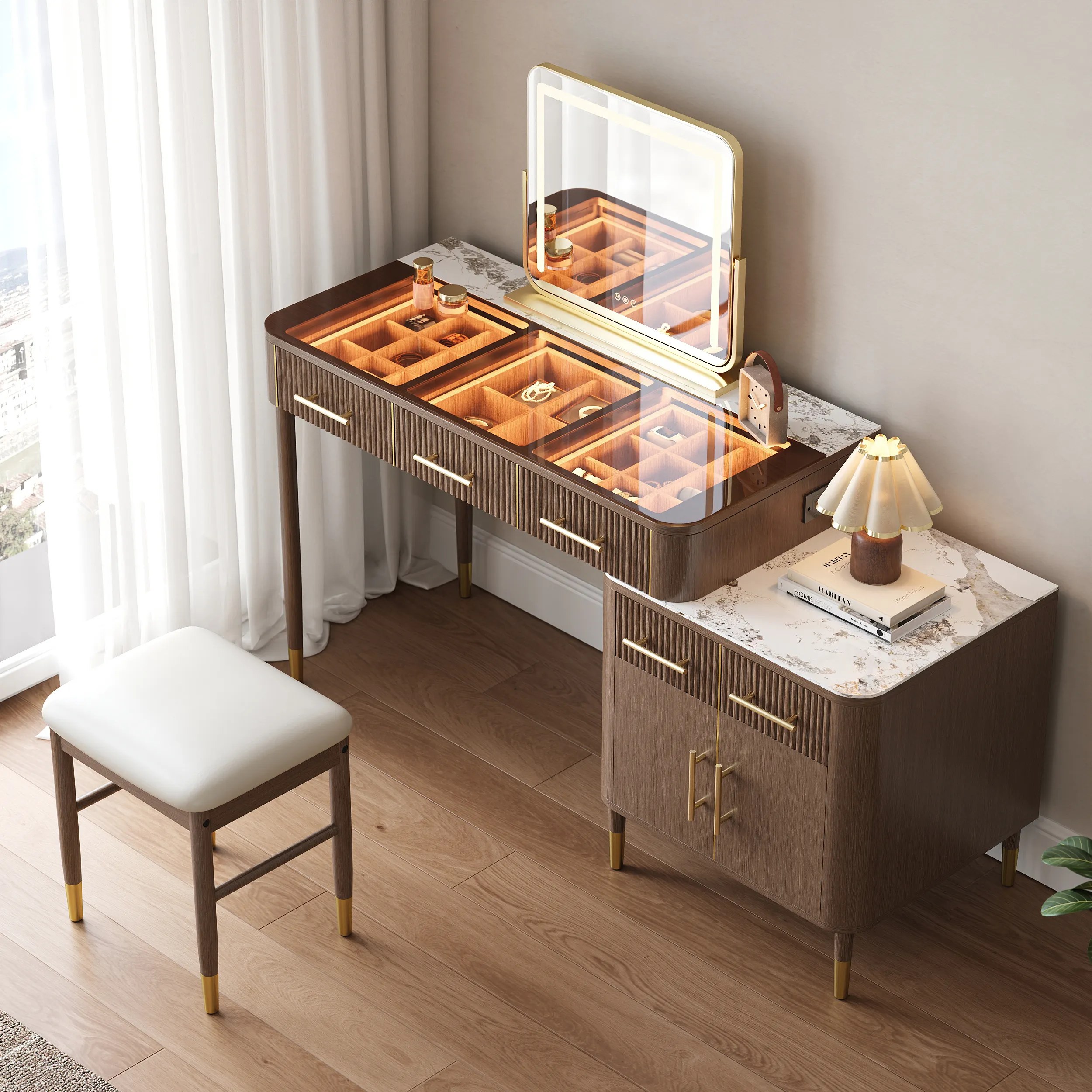 Makeup Vanity Set with Lighted Mirror & Stool - Walnut