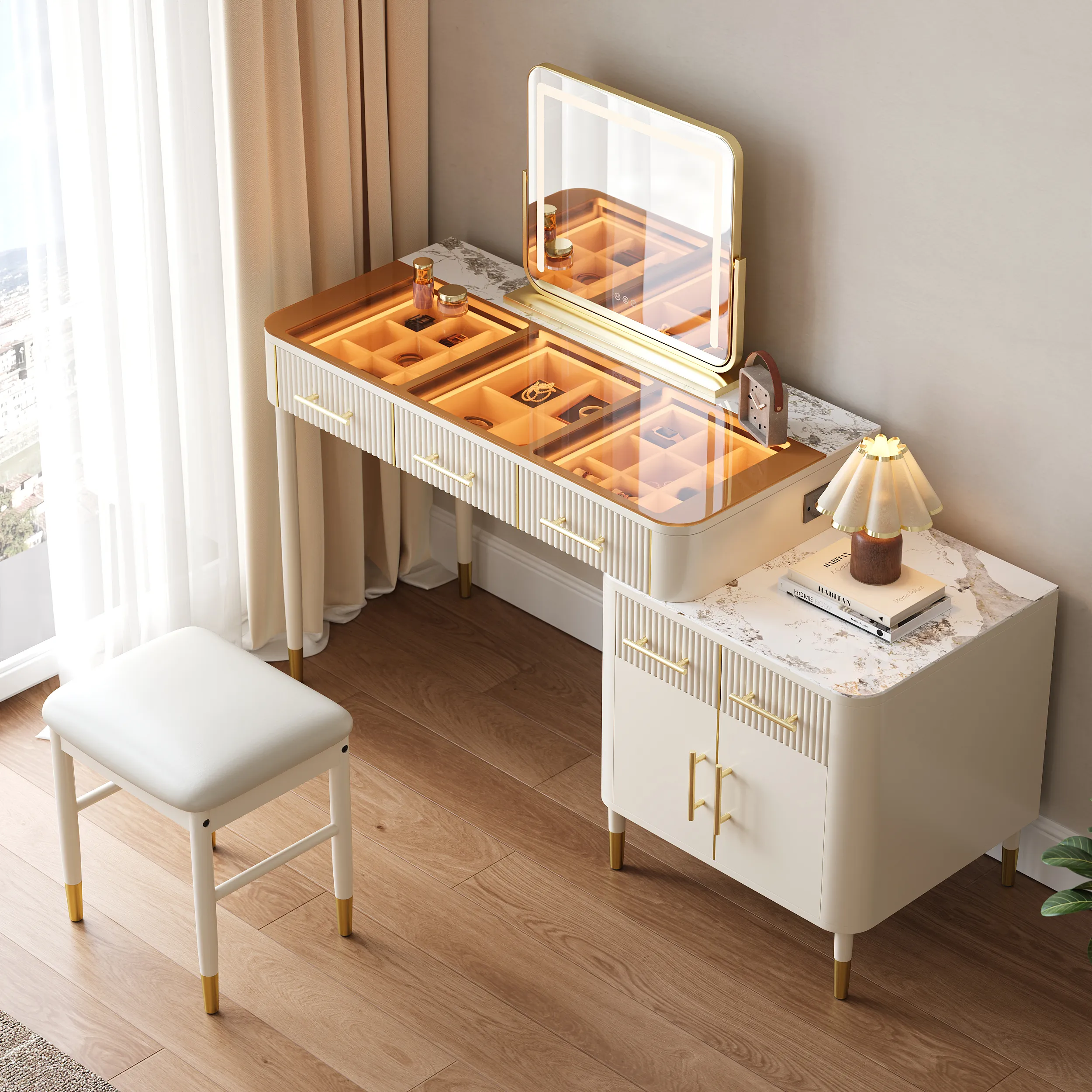 Makeup Vanity Set with Lighted Mirror & Stool - White