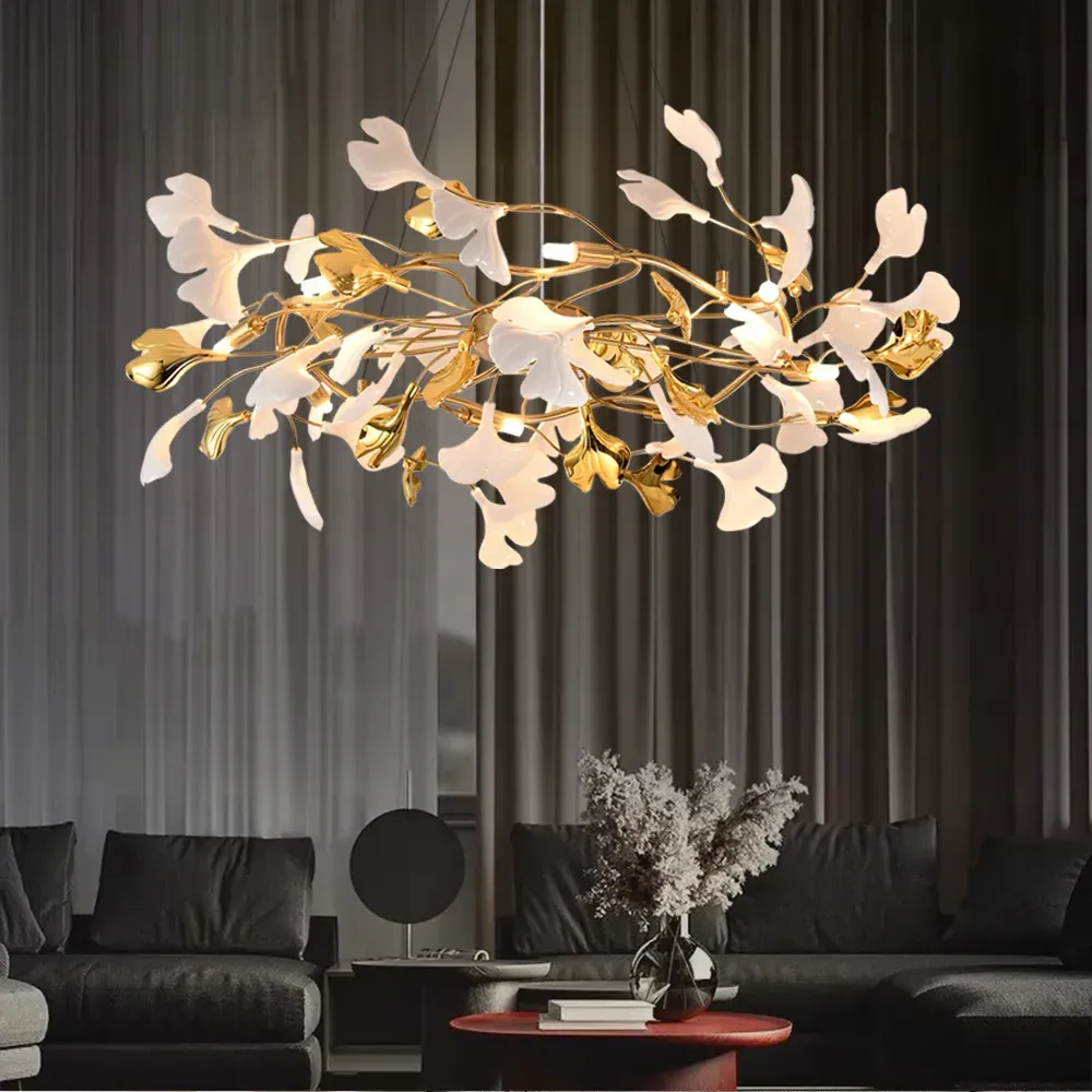 Martly 8-Light Art Deco Ginkgo Leaves Chandelier - White, Gold