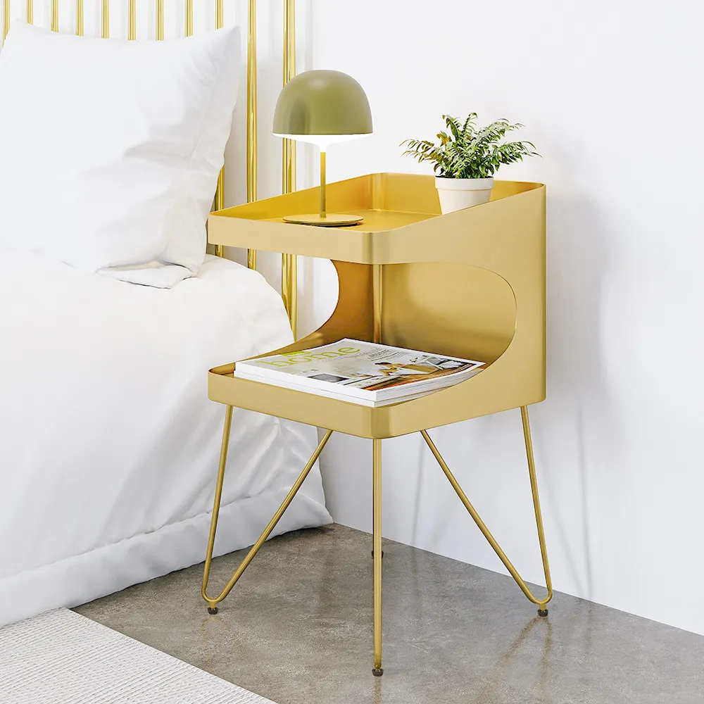 Metal Nightstand with 2 Shelves - Gold image