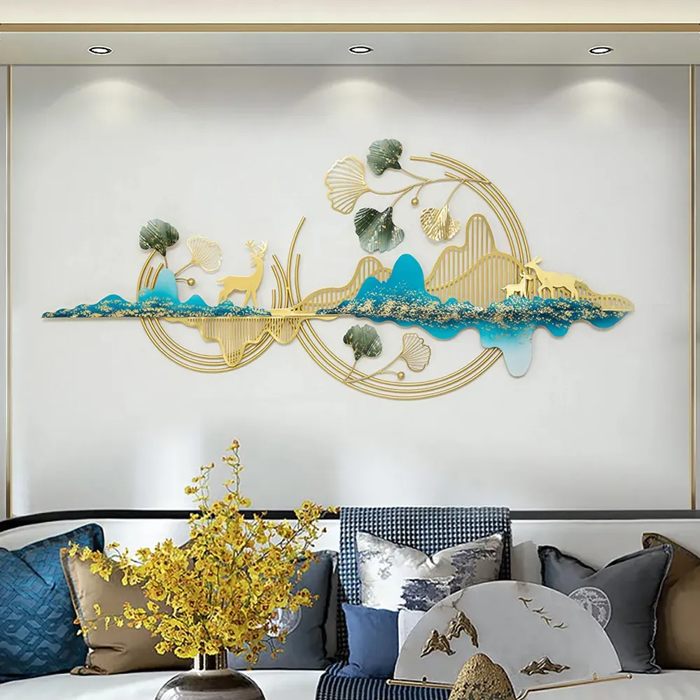 Metal Wall Decor with Deer & Mountain & Leaves - Gold, Blue