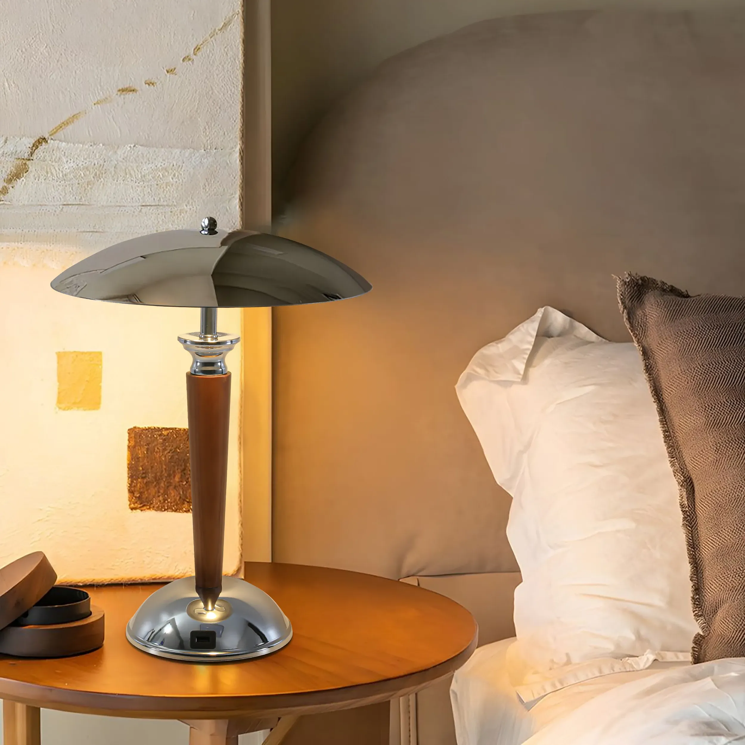 Mid Century Metal & Wood Table Lamp - Chrome, Brown image