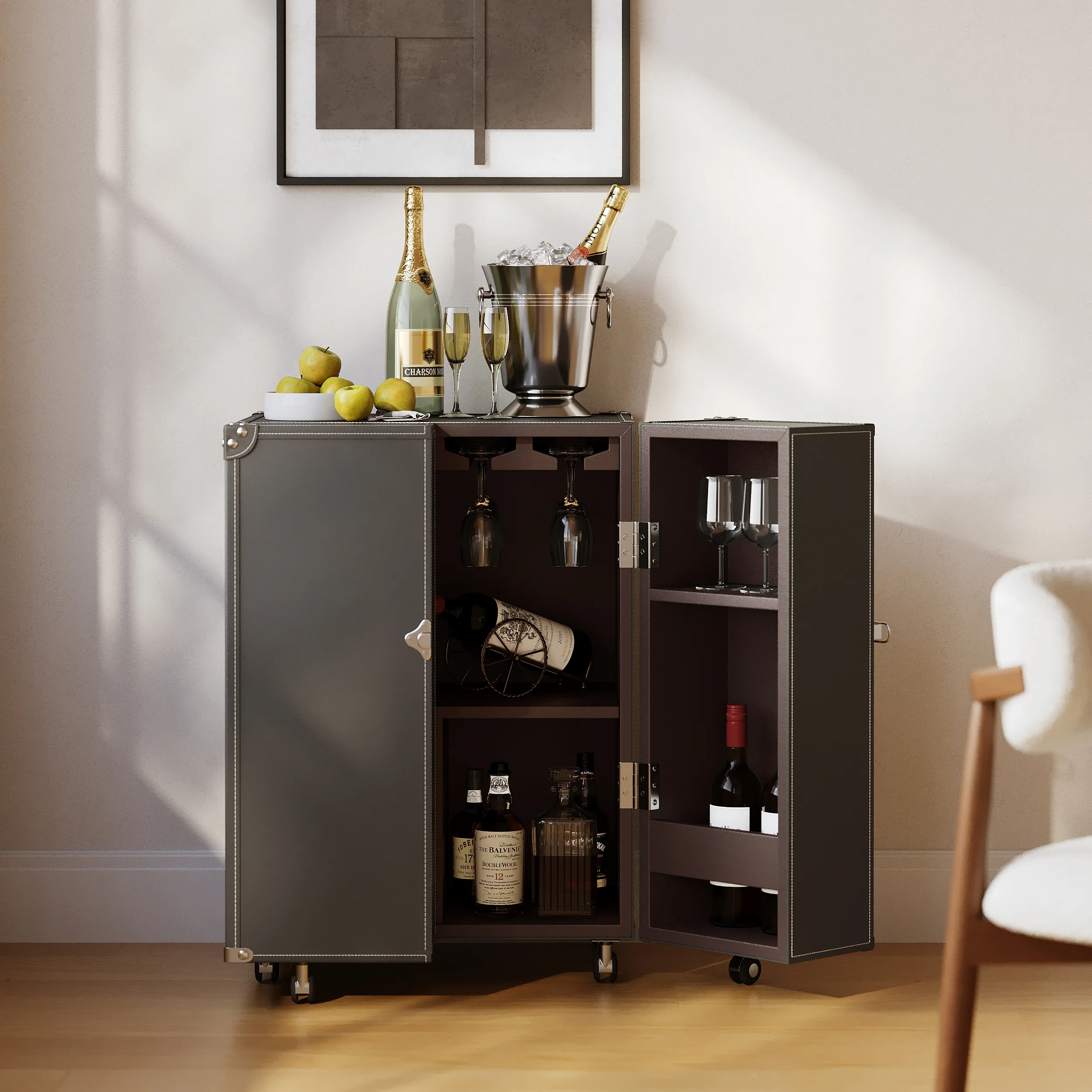 Mobile Wine Cabinet with Glass Racks and Storage Doors - Saddle Leather image