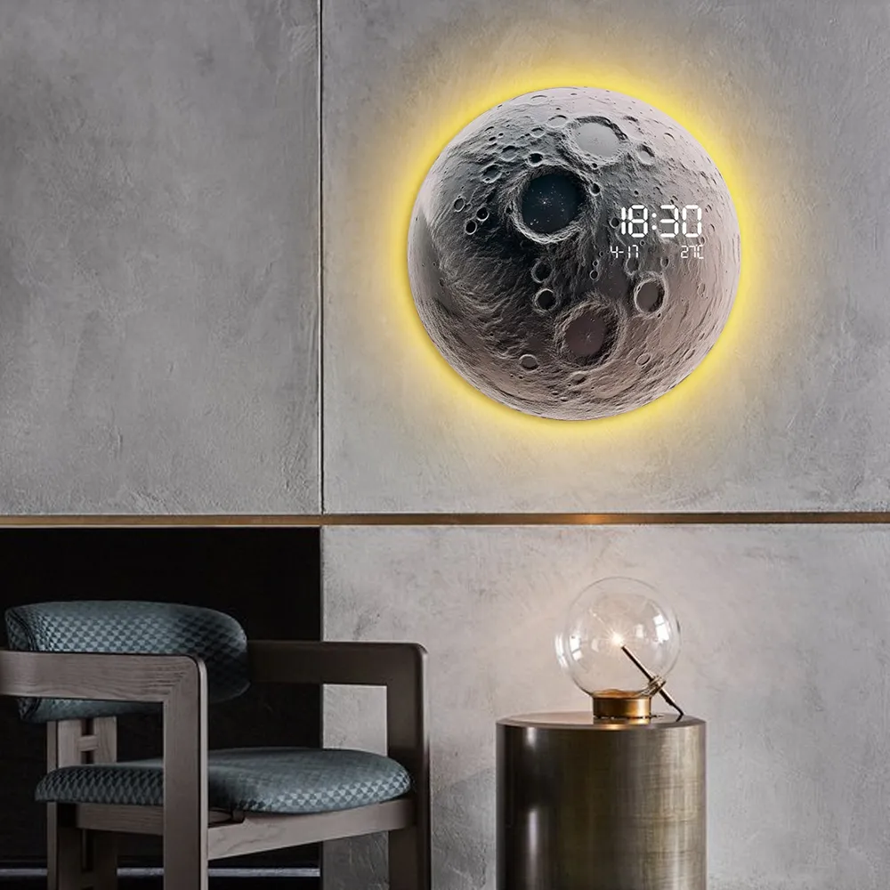 Moon-Shaped LED Wall Clock with Meteorite Texture image