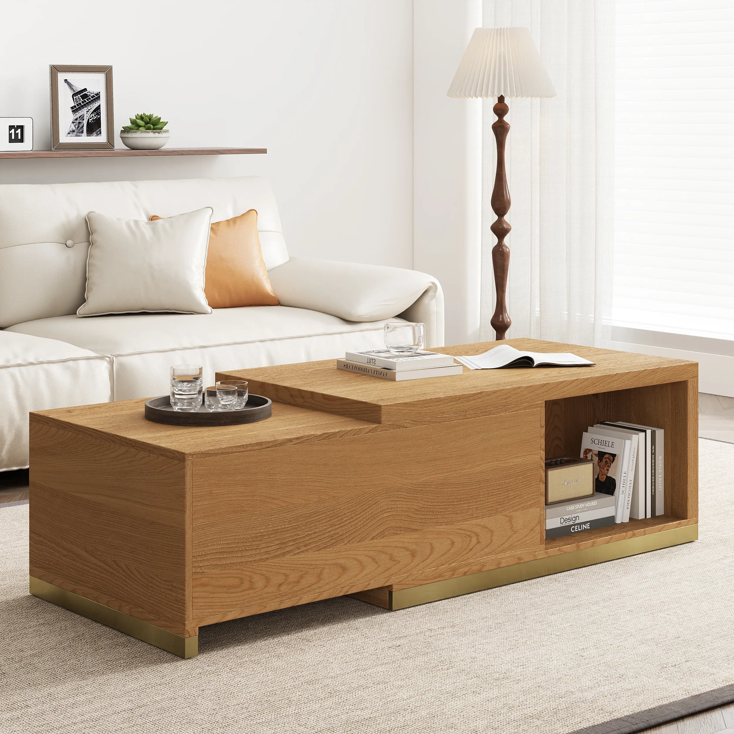 Mordelle Rectangle Coffee Table Extendable with 2 Drawers - Natural