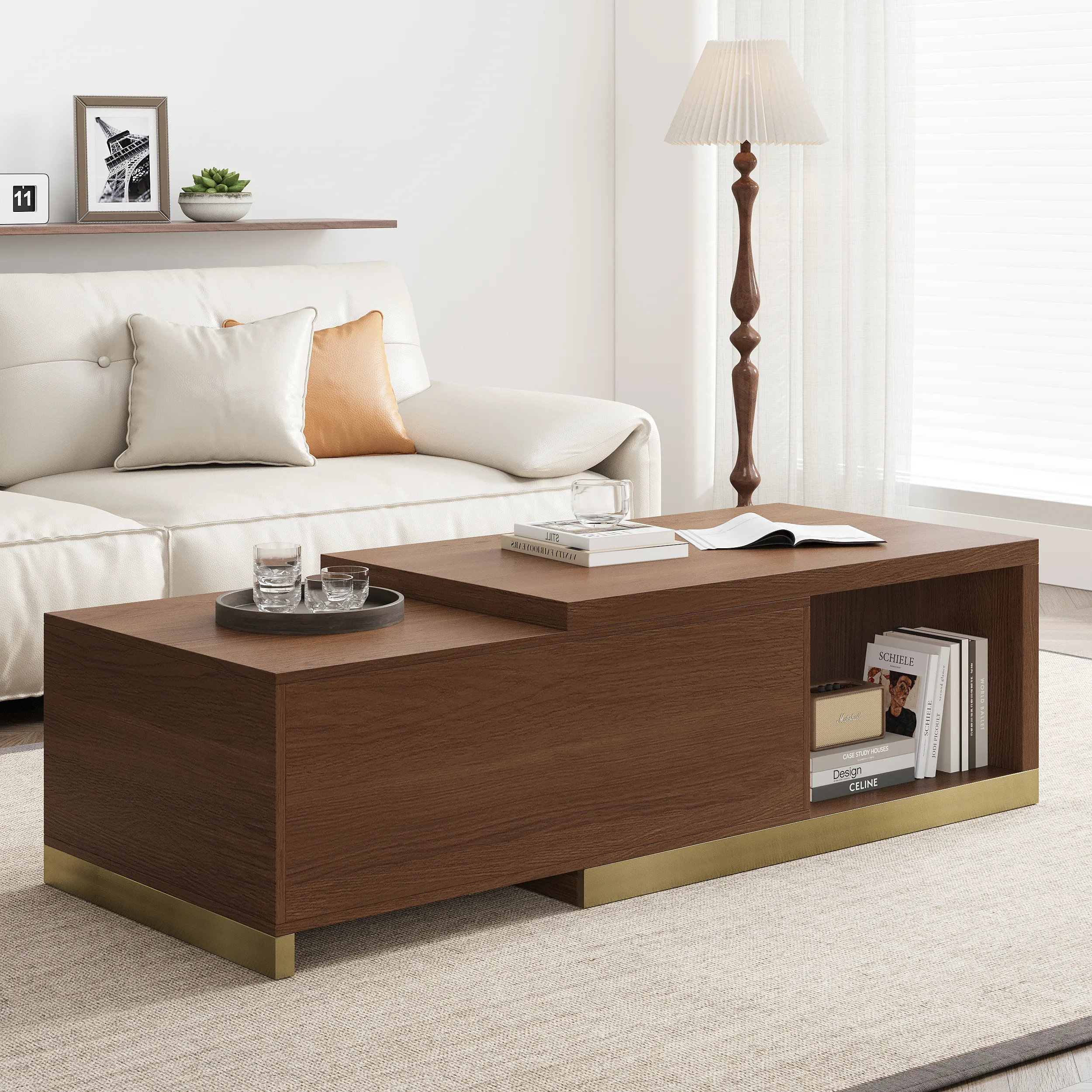Mordelle Rectangle Coffee Table Extendable with 2 Drawers - Walnut