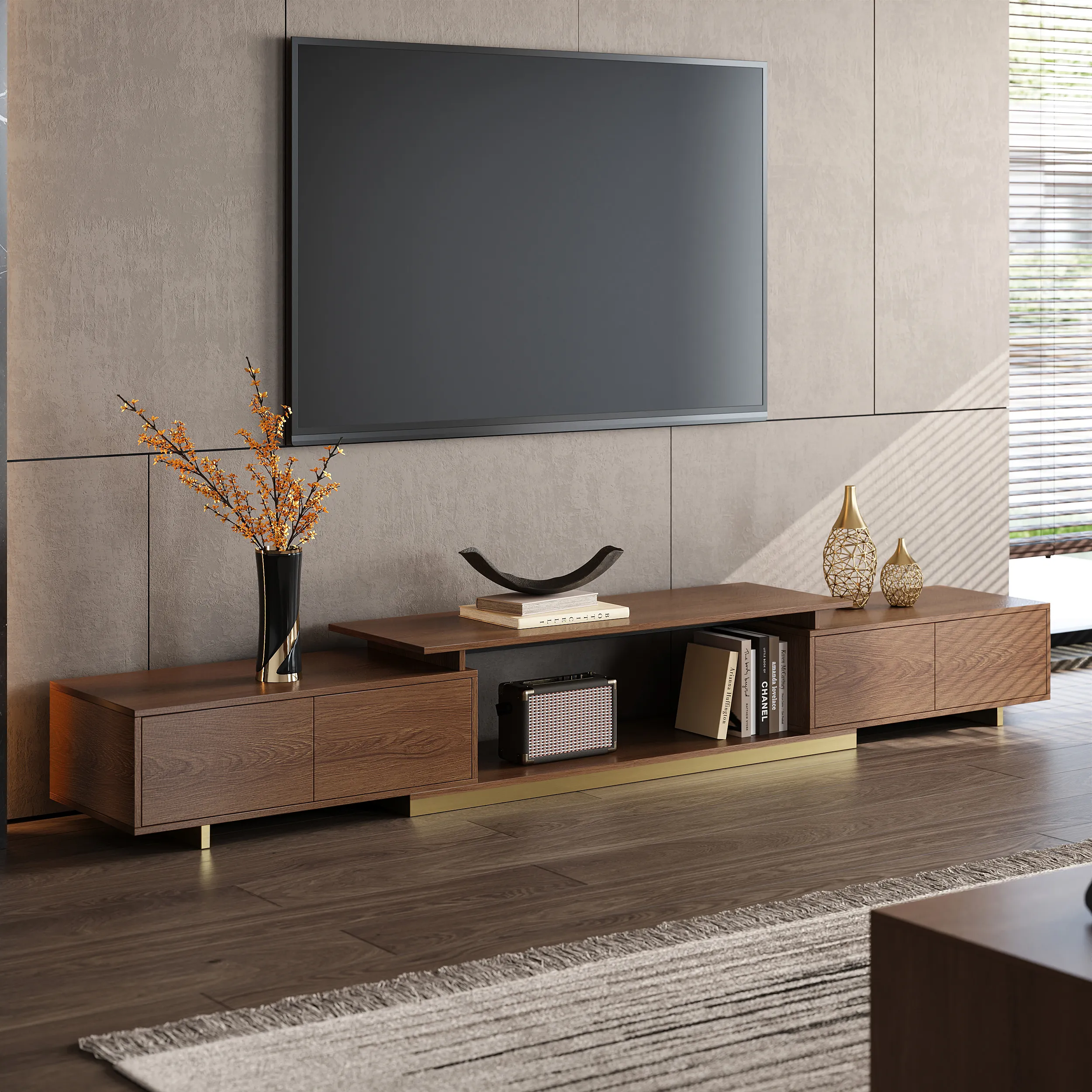 Mordelle Rectangle Extendable TV Stand with Storage - Walnut image