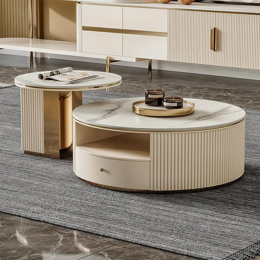 Mytures Round Nesting Coffee Table with Storage - White, Sintered Stone