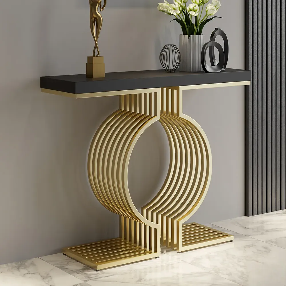 Narrow Console Table with Geometric Metal Base - Black image