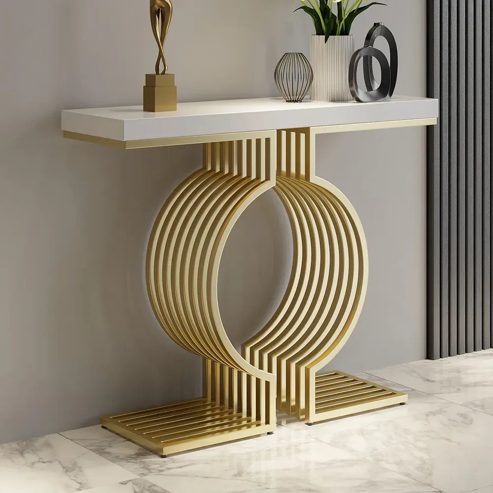 Narrow Console Table with Geometric Metal Base - White image