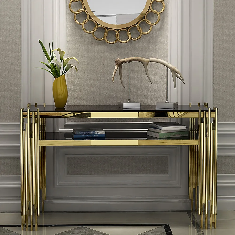 Narrow Console Table with Storage Shelf - Black, Faux Marble image